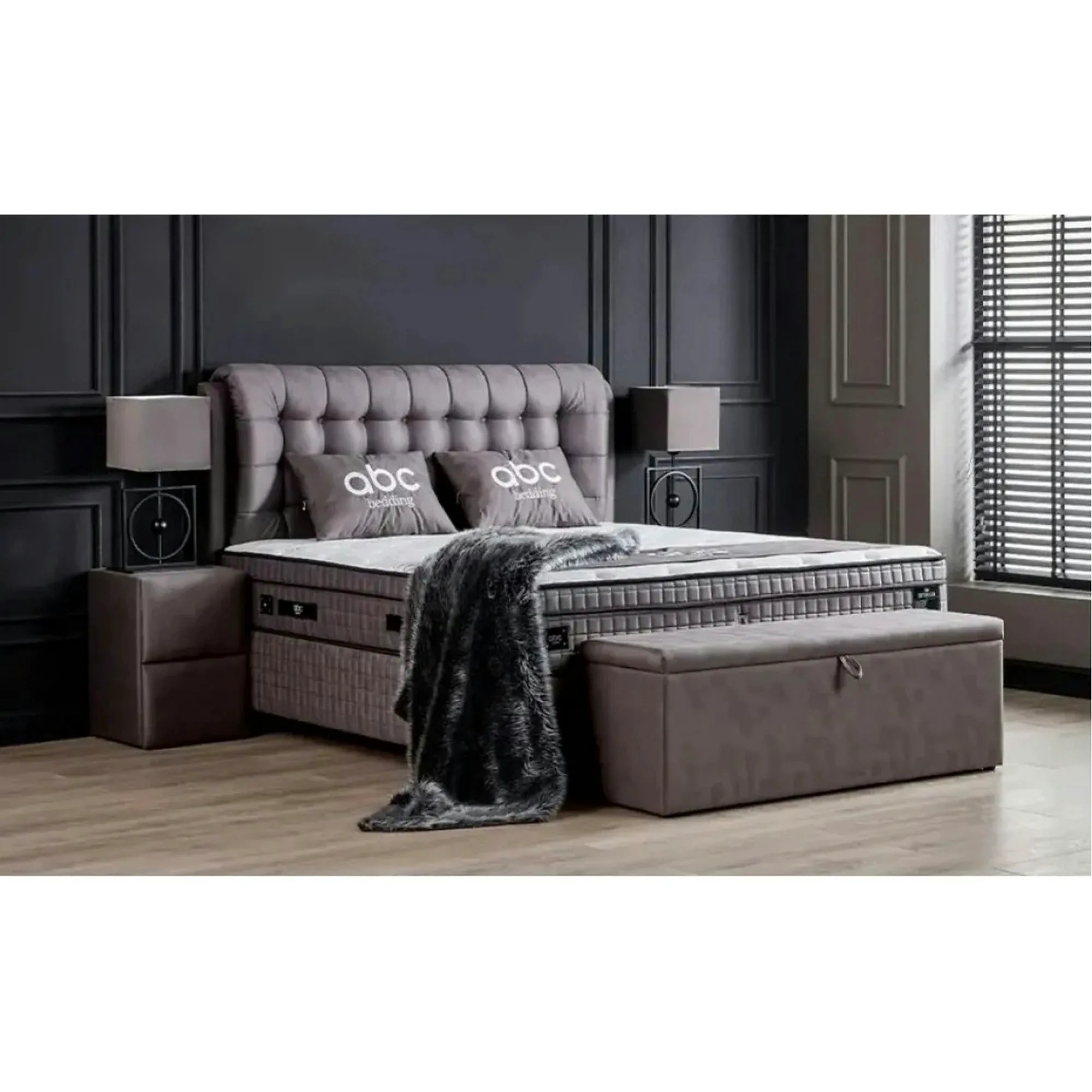 Pat matrimonial cu lada LATEKS COMFORT 160x200, stofa gri, somiera inclusa