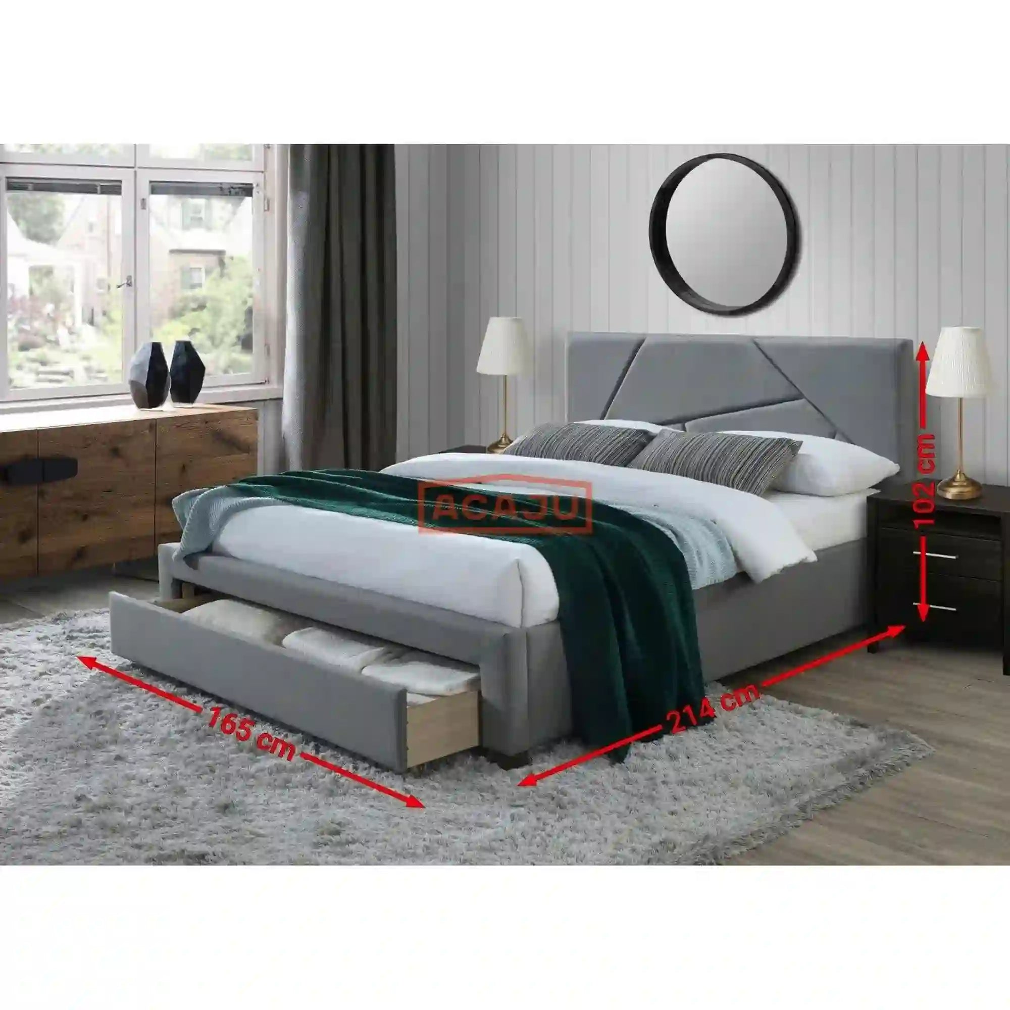 Pat matrimonial Valery 160x200, stofa catifelata gri, cu somiera si spatiu depozitare