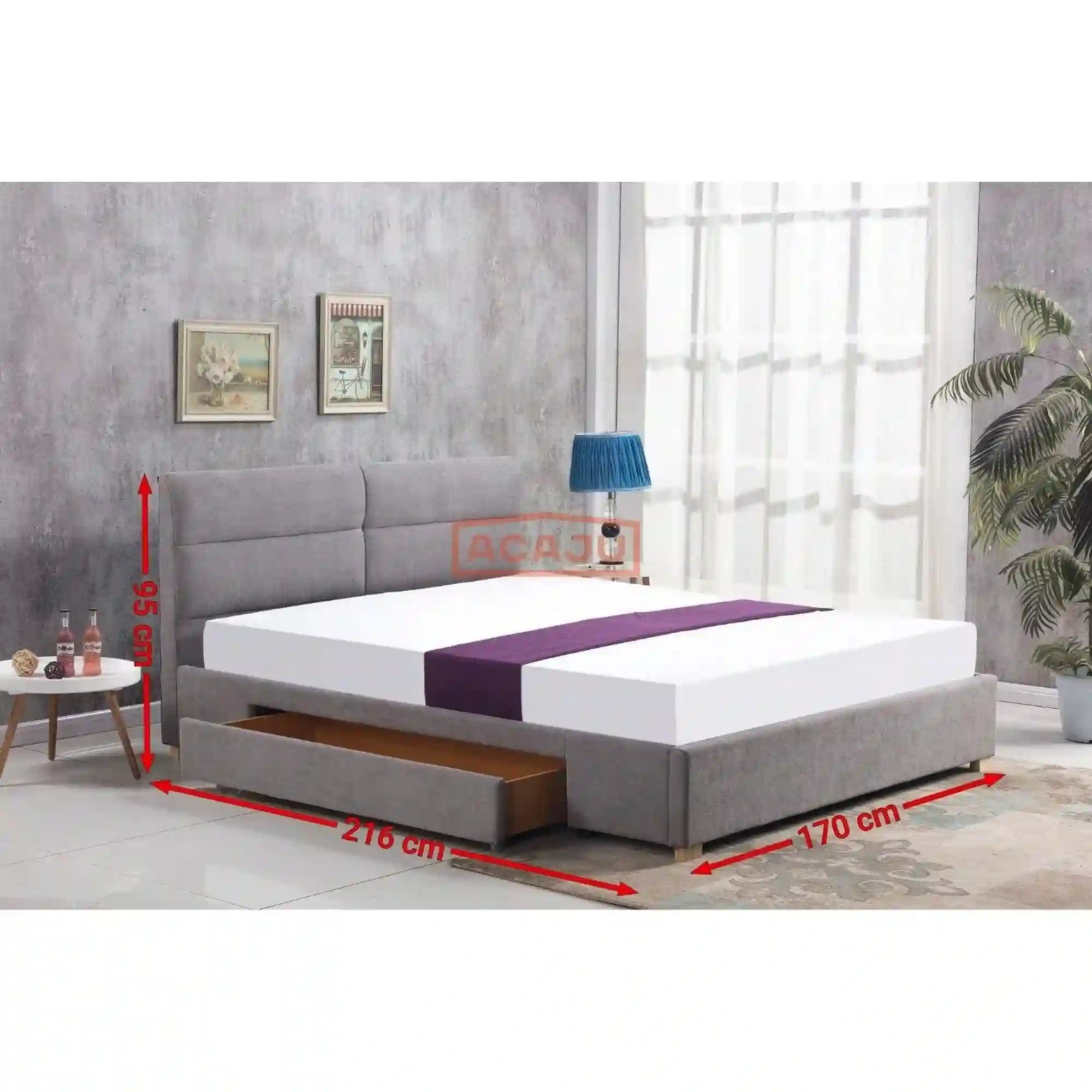 Pat Merida 160x200, stofa gri, cu somiera si spatiu depozitare