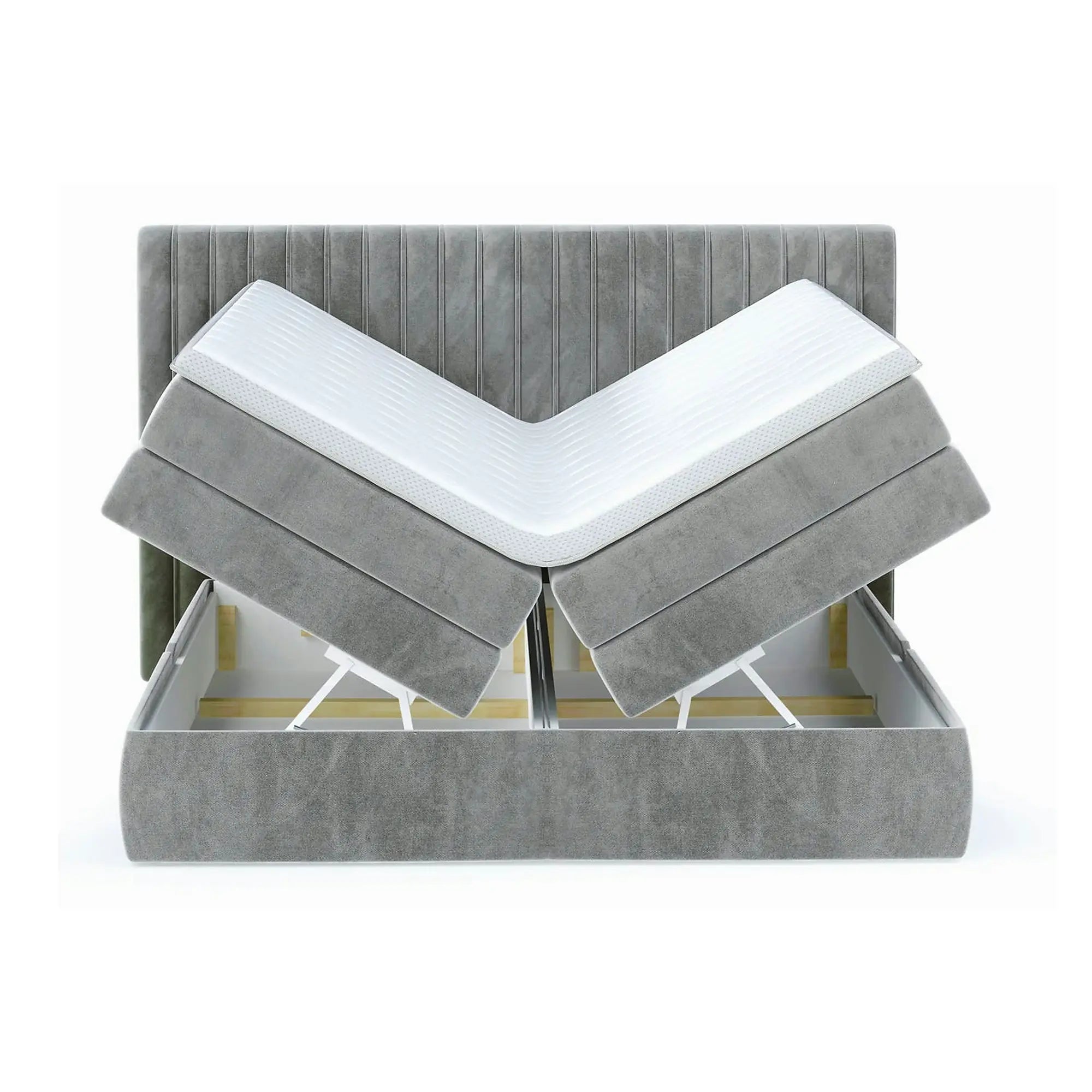 Pat MINOLA boxspring 180x200, stofa catifelata bej - Riviera 16, cu saltele, topper si 2 lazi pentru depozitare