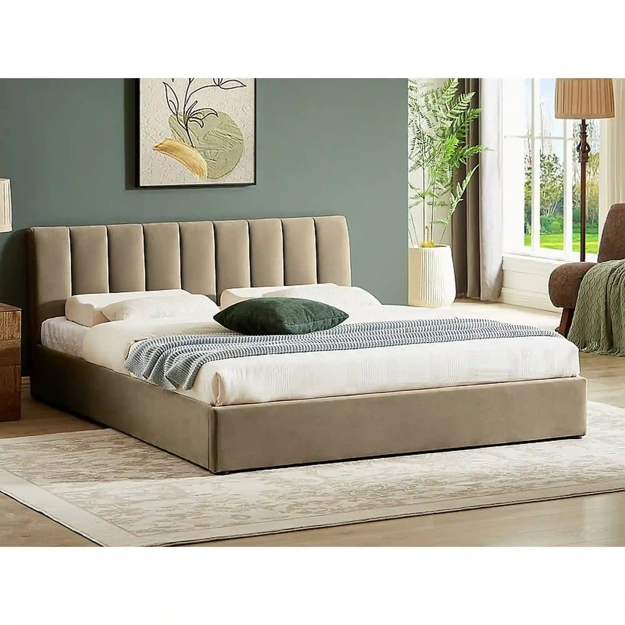 Pat MONTREAL 120x200, stofa catifelata bej - Bluvel 28, cu somiera si spatiu depozitare