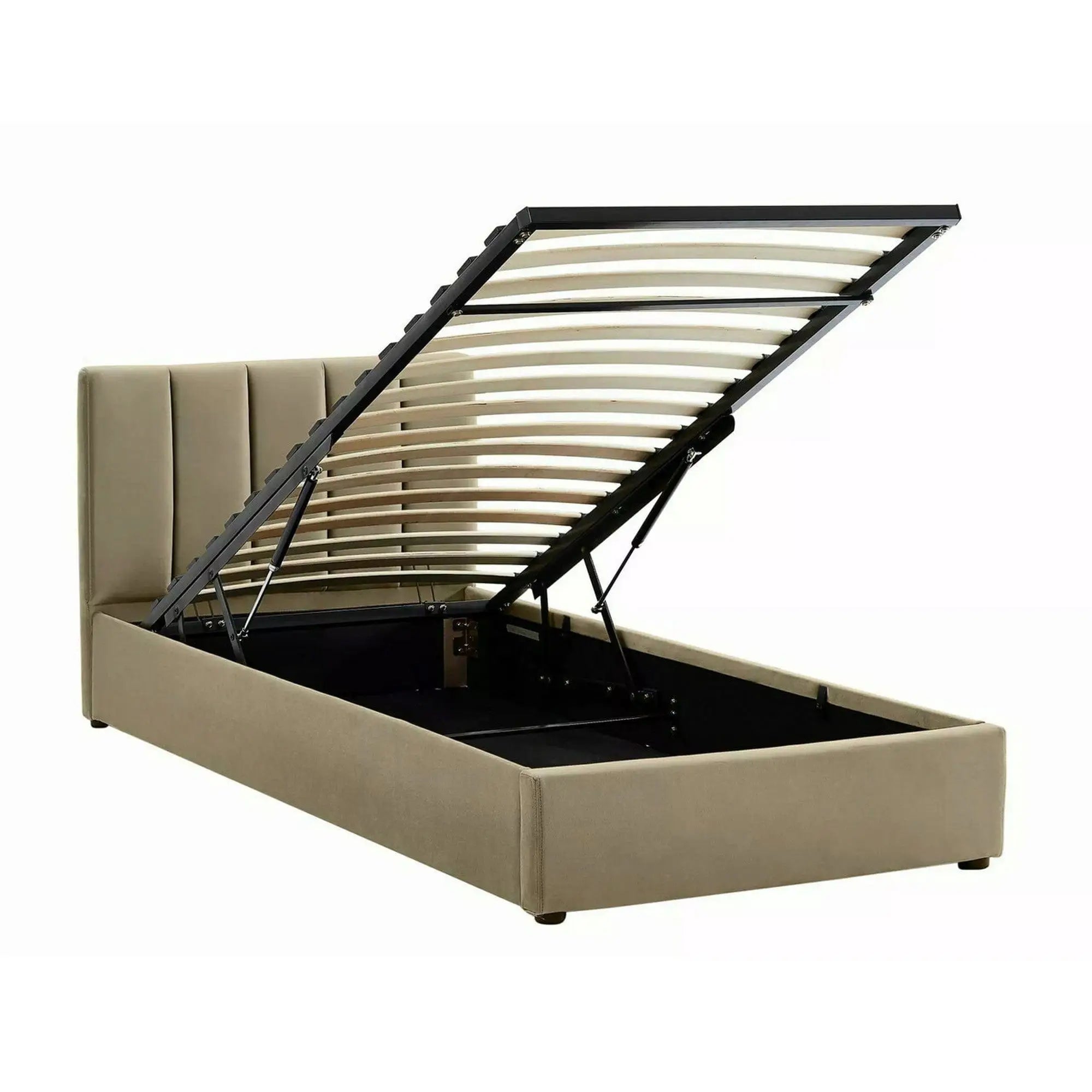 Pat MONTREAL 120x200, stofa catifelata bej - Bluvel 28, cu somiera si spatiu depozitare