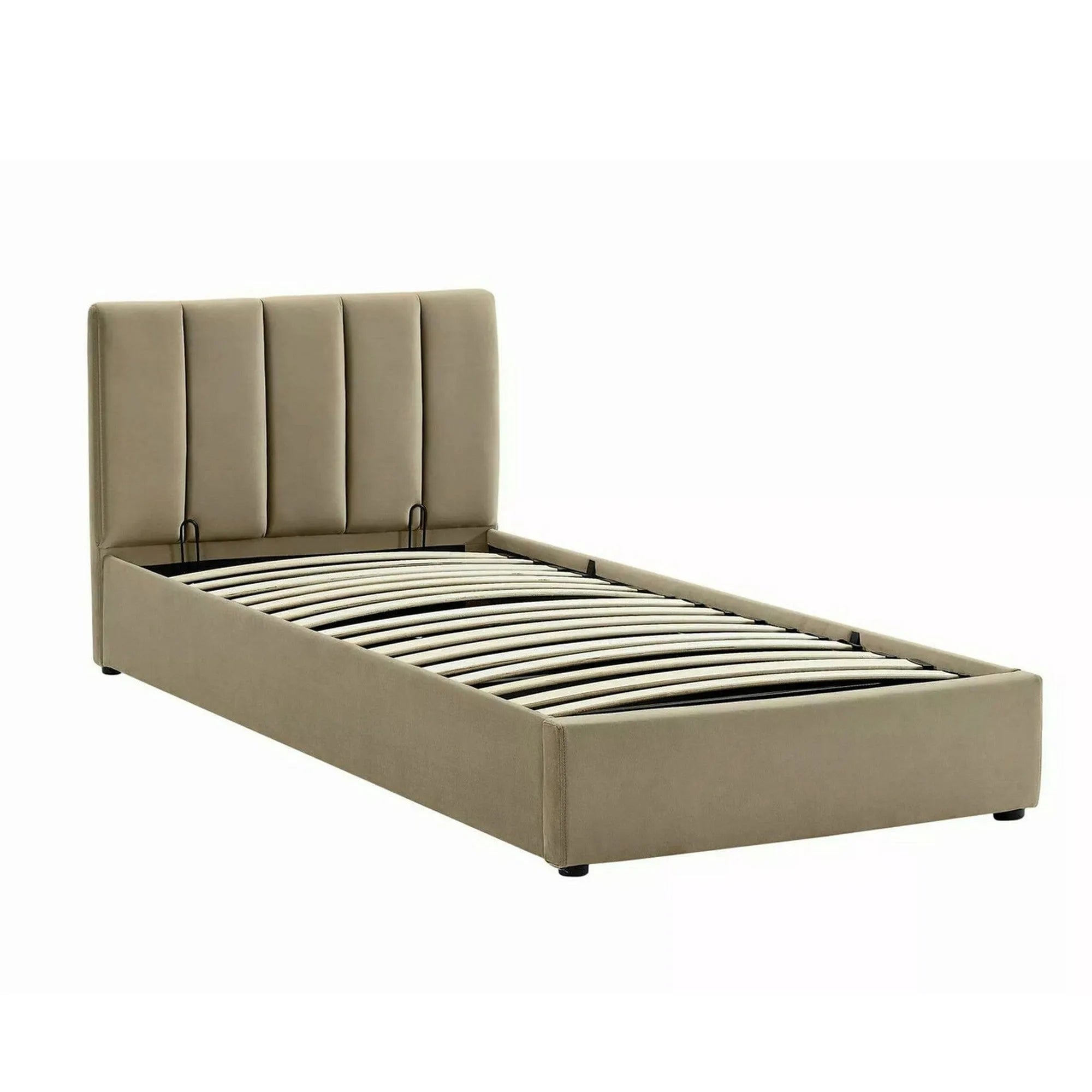 Pat MONTREAL 120x200, stofa catifelata bej - Bluvel 28, cu somiera si spatiu depozitare