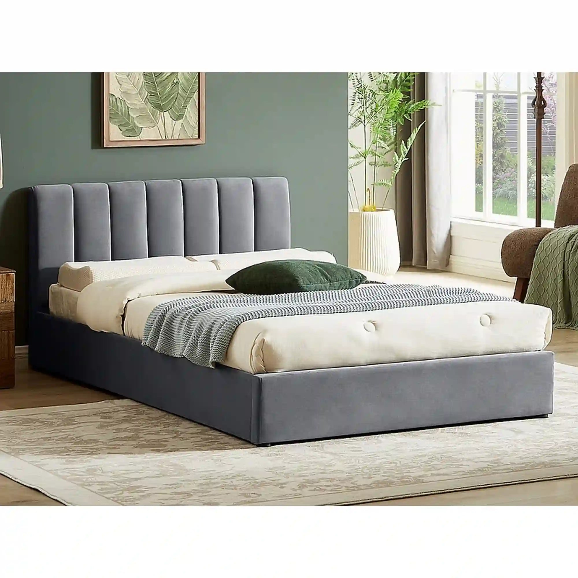 Pat MONTREAL 120x200, stofa catifelata gri - Tap.192 cu somiera si spatiu depozitare