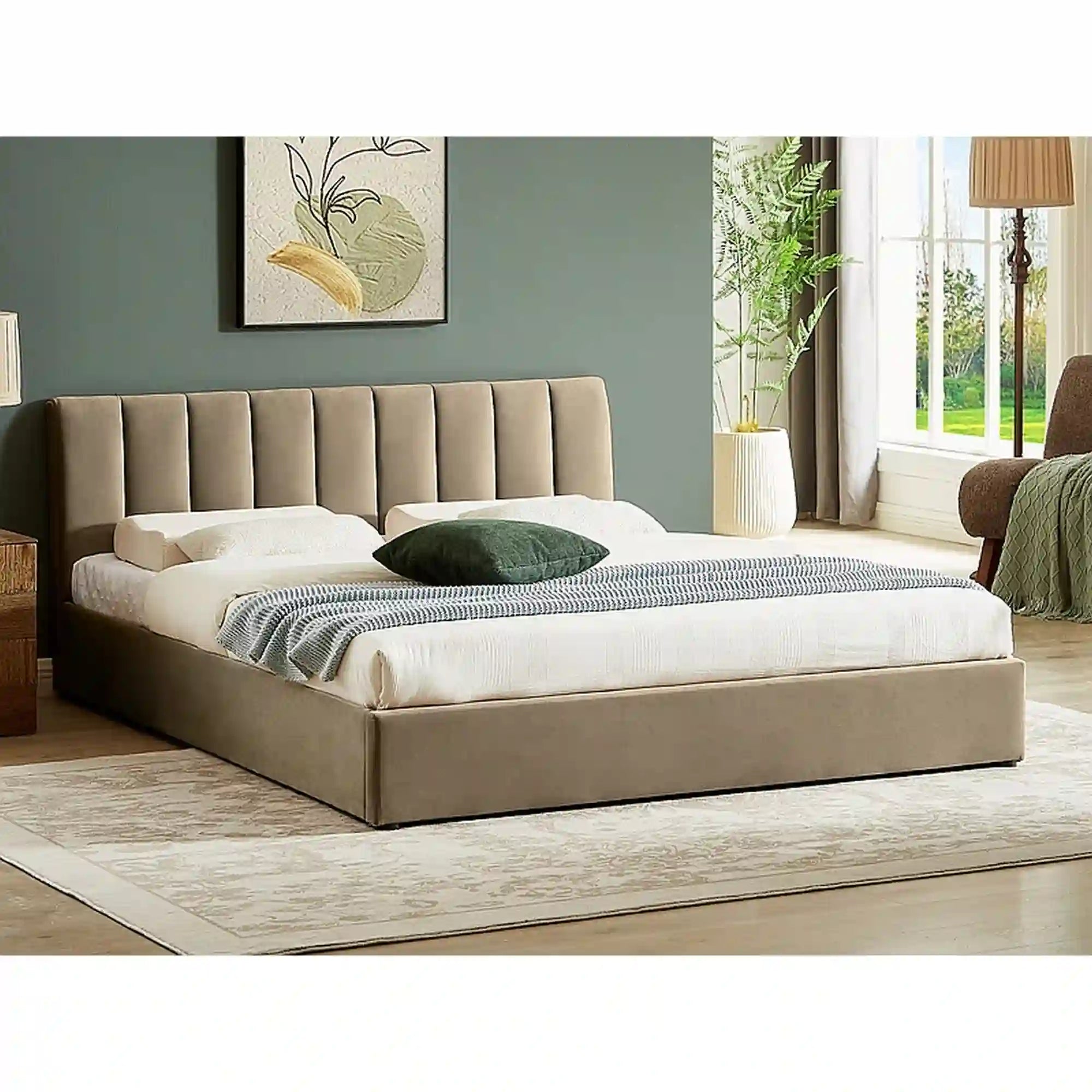 Pat MONTREAL 140x200, stofa catifelata bej - Bluvel 28, cu somiera si spatiu depozitare