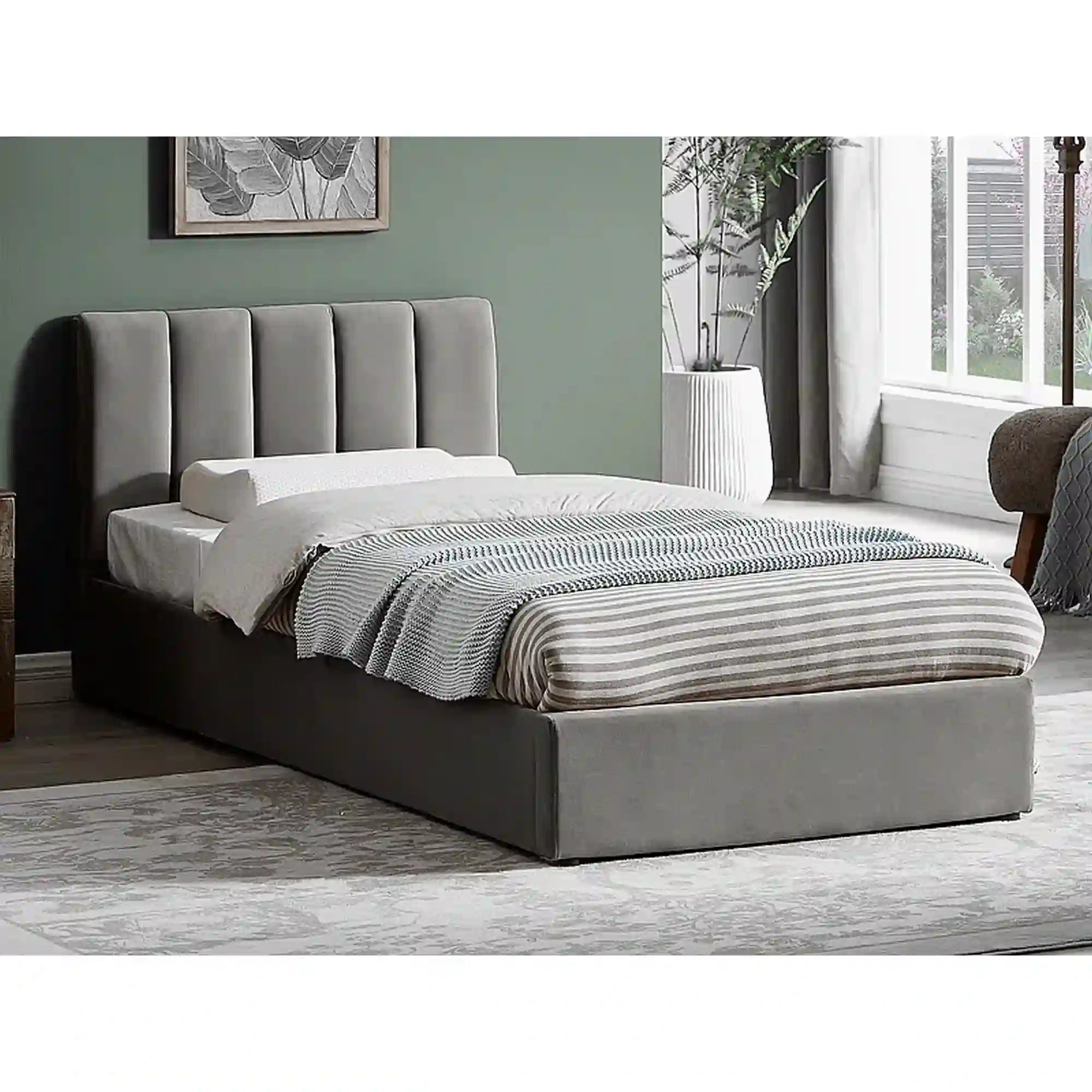 Pat MONTREAL 90x200, stofa catifelata gri - Tap.192, cu somiera si spatiu depozitare