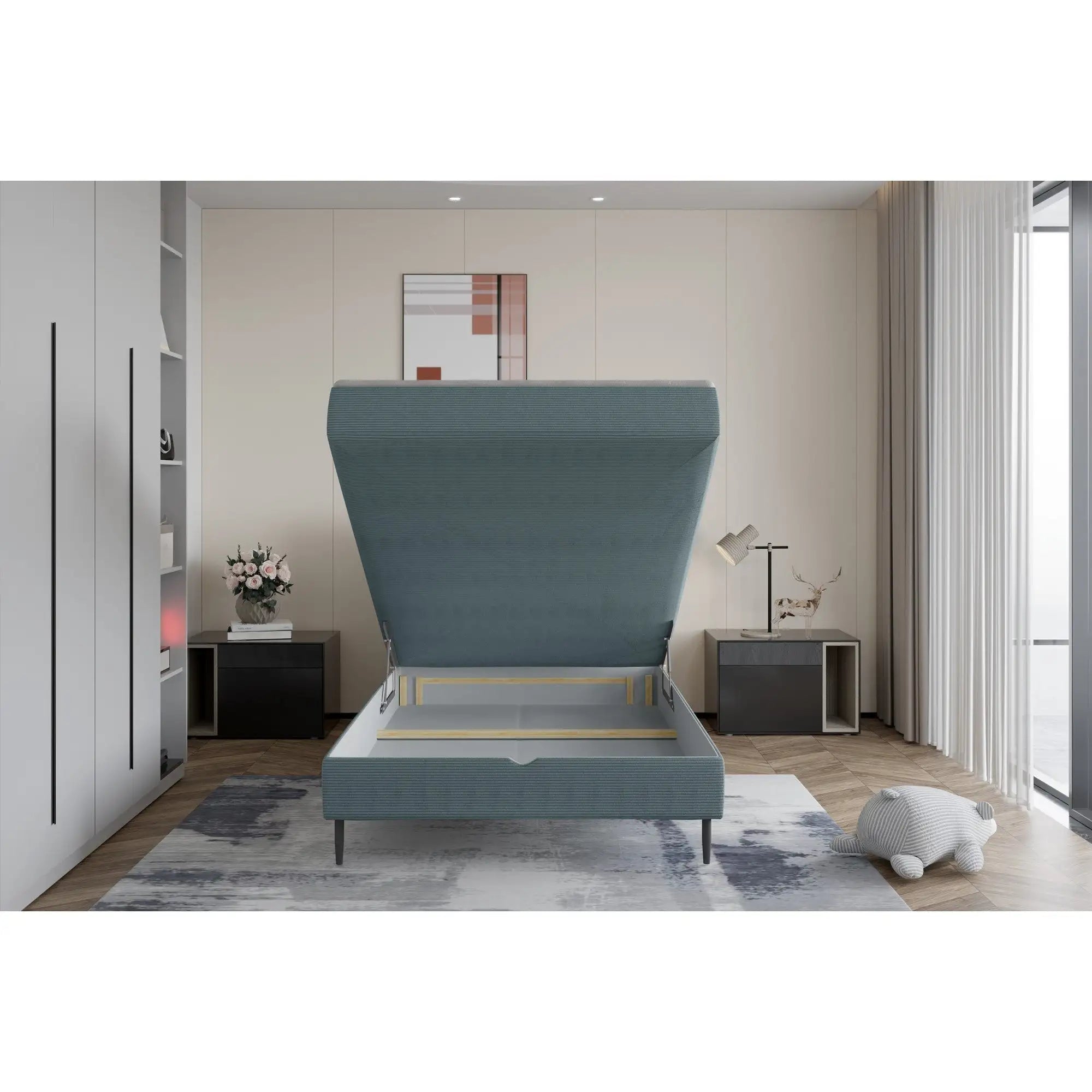 Pat NEPO 120x200, personalizabil materiale Gama Premium, cu spatiu depozitare, suport saltea, saltea, pistoane si topper