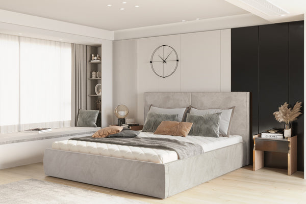 Pat NICOLE 140x200, personalizabil materiale Gama Premium, cu somiera metalica, lada depozitare si pistoane
