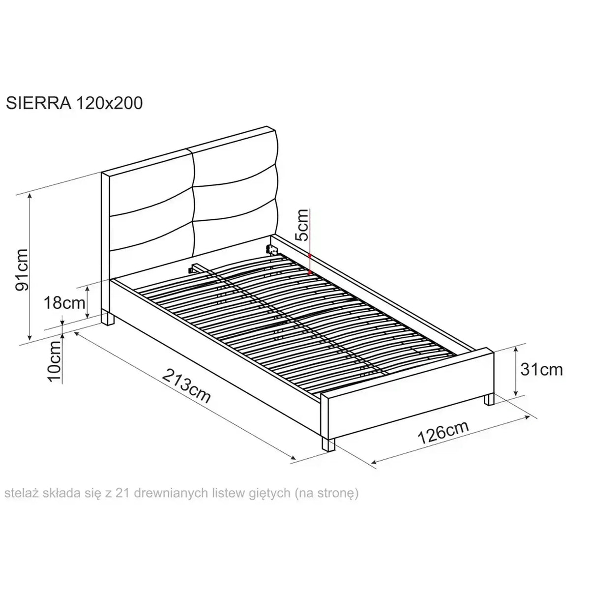 Pat o persoana tapitat SIERRA 120x200, stofa catifelata bej - Bluvel 28, somiera inclusa