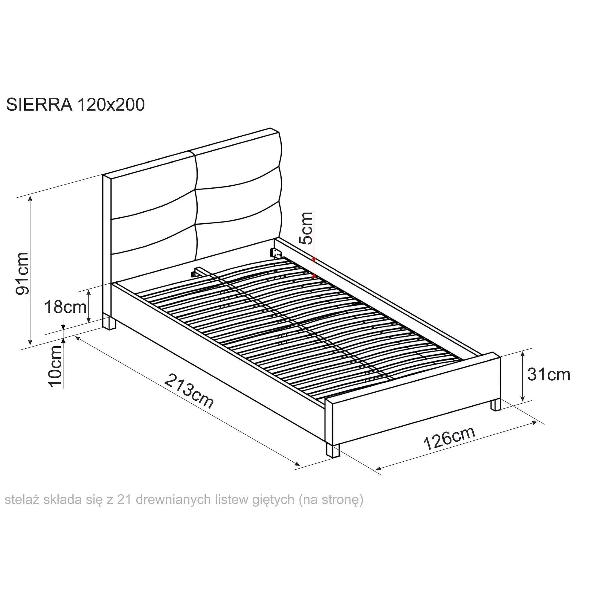 Pat o persoana tapitat SIERRA 120x200, stofa catifelata gri - Tap. 150, somiera inclusa