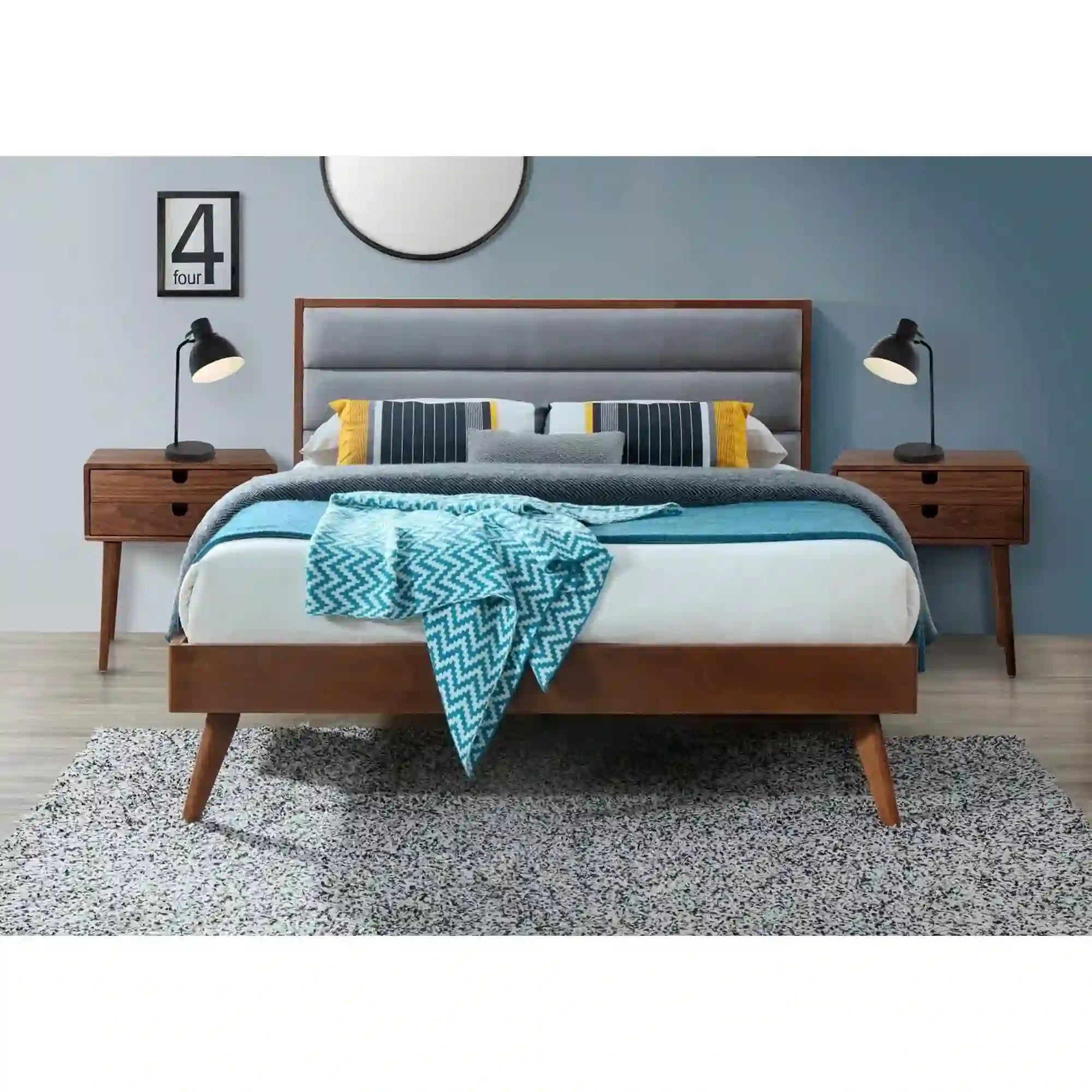 Pat ORLANDO 160x200, nuc/gri, stofa/lemn, cu somiera inclusa, 166x209x106 cm