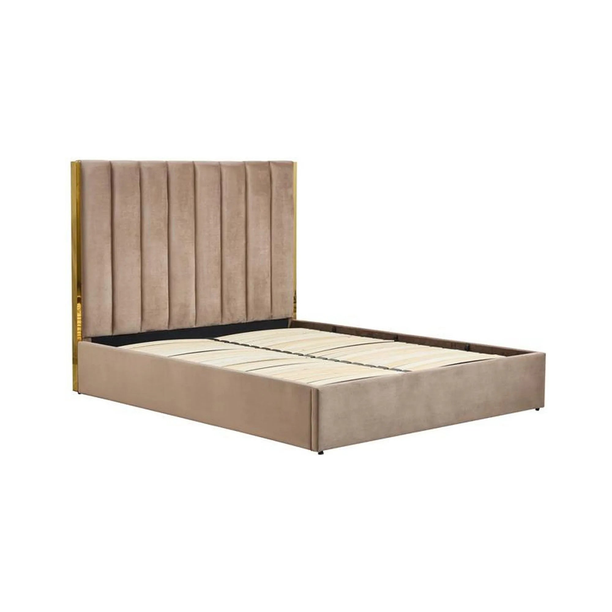 Pat PALAZZO 160x200, stofa catifelata bej/auriu, cu somiera si spatiu depozitare