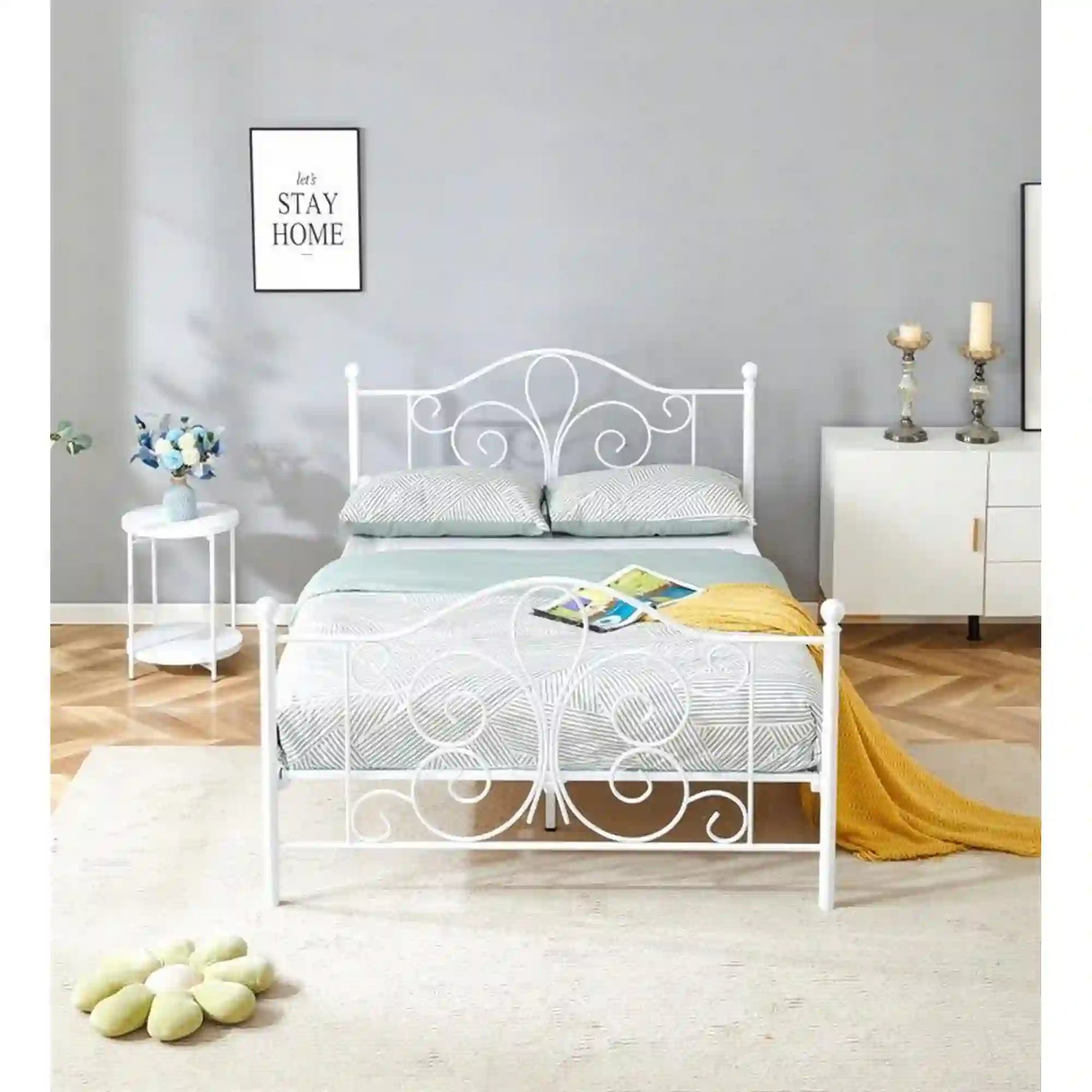 Pat PANAMA 140x200, alb, otel, cu somiera