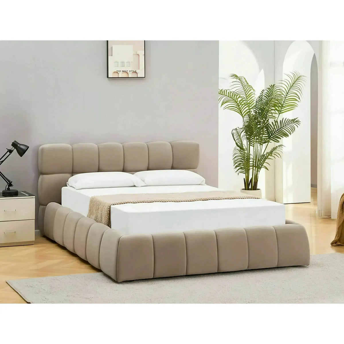 Pat PARMA 140x200, bej închis, stofă catifelată, cu spațiu de depozitare