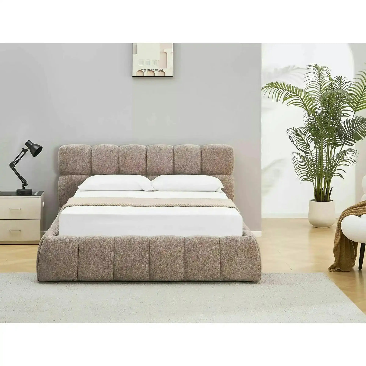 Pat PARMA 160x200, bej închis, stofă, cu spațiu de depozitare