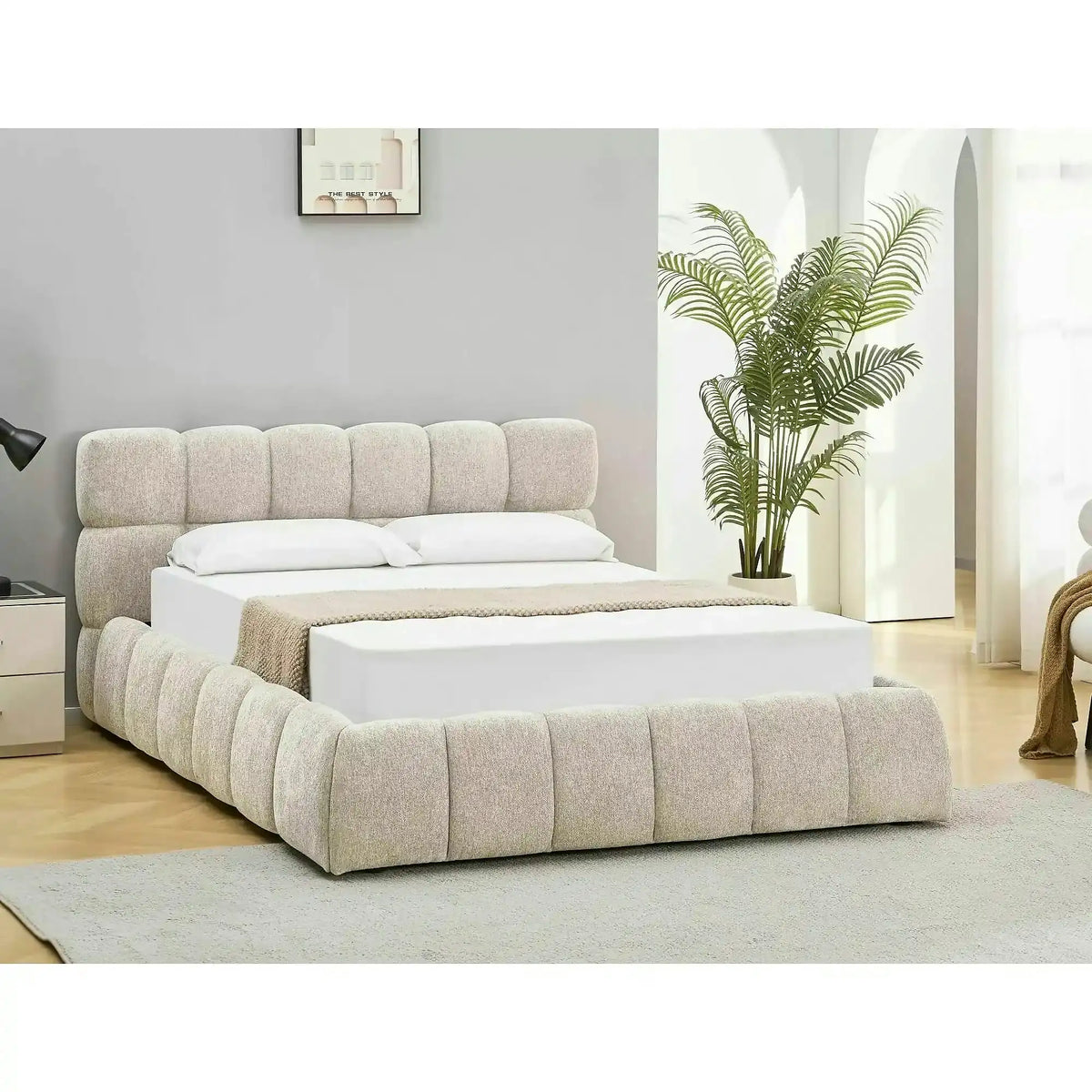 Pat PARMA 160x200, bej, stofă, cu spațiu de depozitare