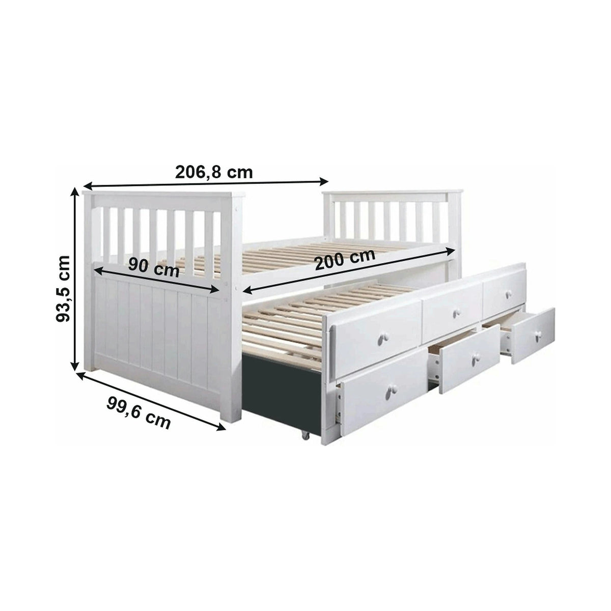 Pat pentru copii AUSTIN NEW 90x200, alb, cu somiera si 3 sertare