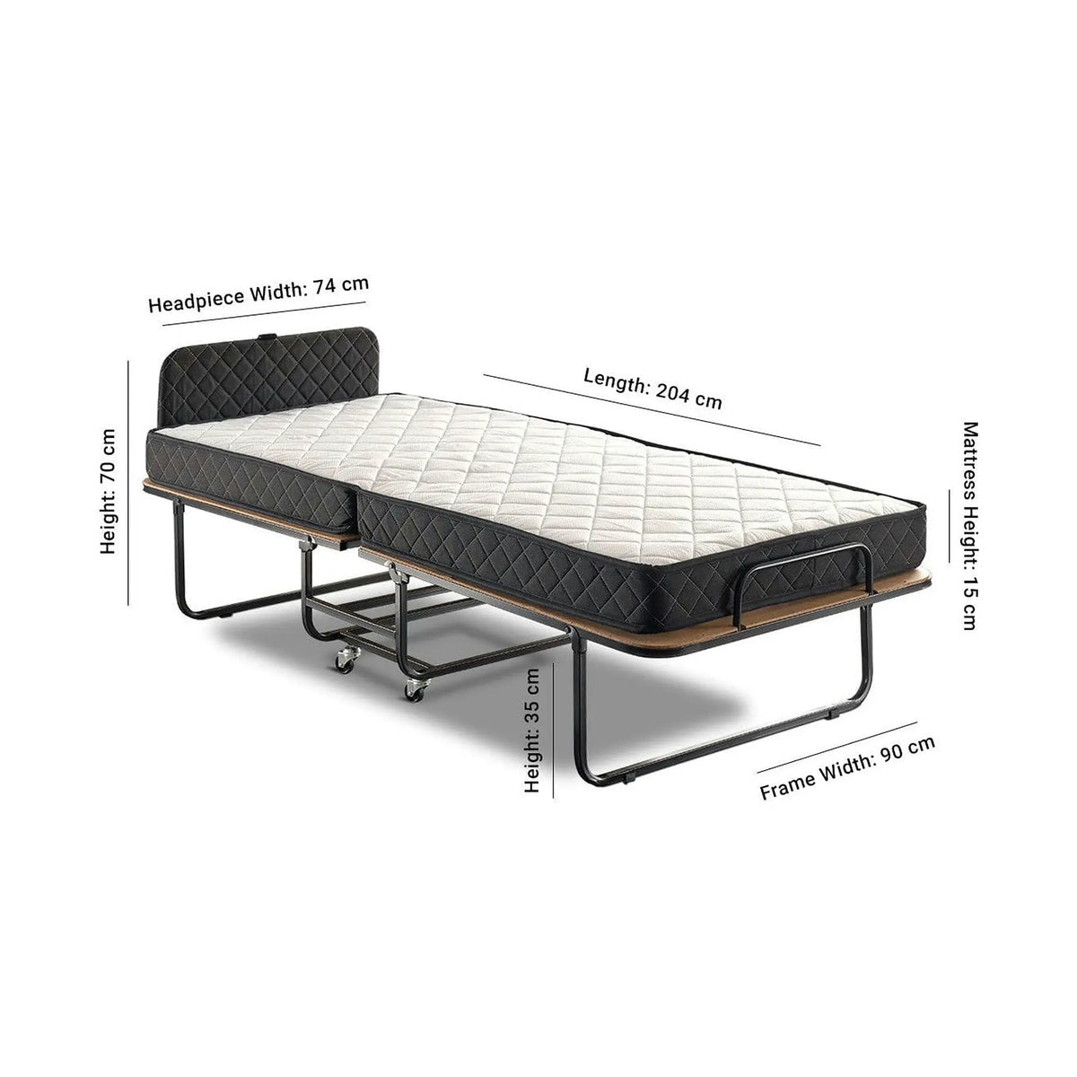 Pat pliabil XL Katlanir 90x200, stejar/negru, placaj/metal, cu saltea si somiera