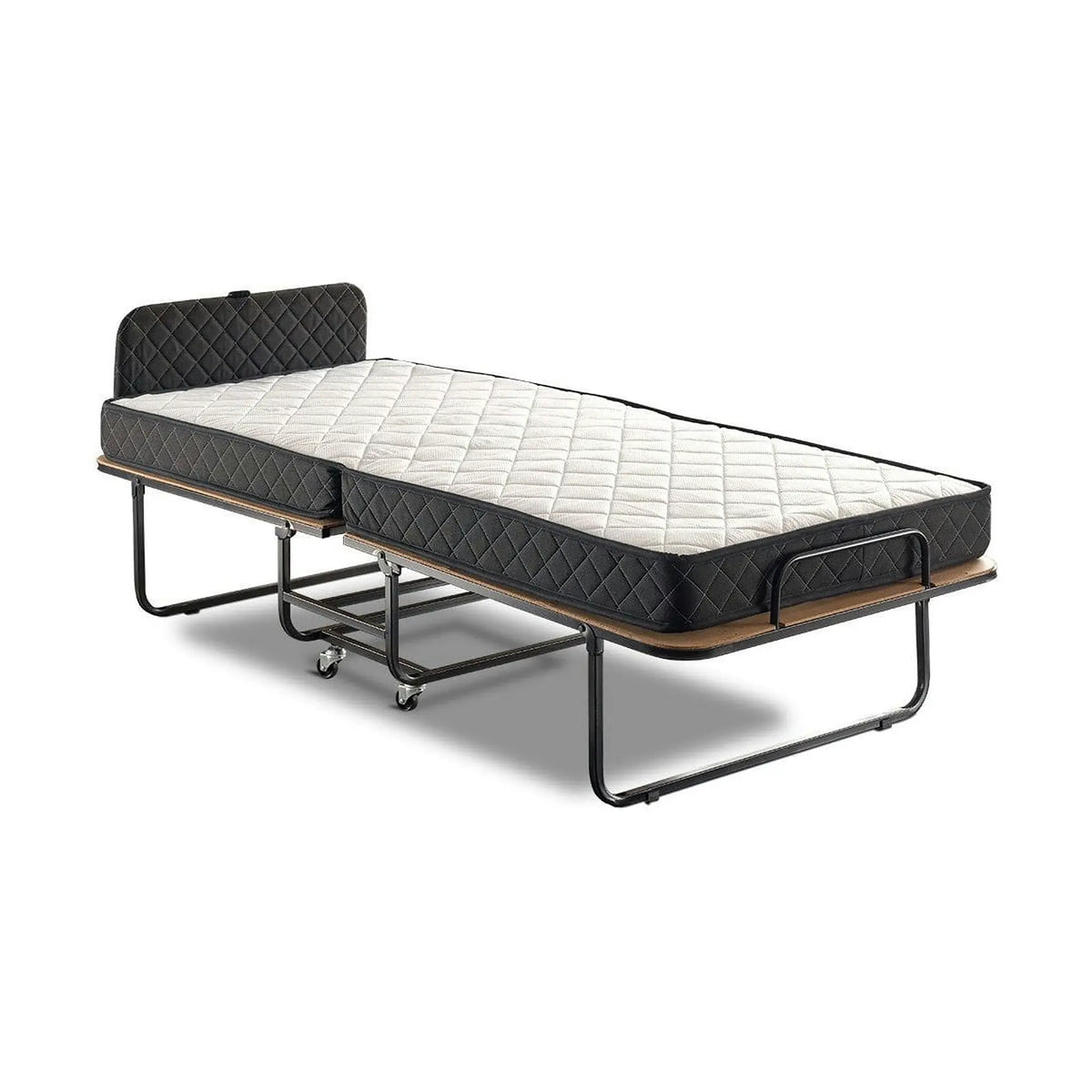 Pat pliabil XL Katlanir 90x200, stejar/negru, placaj/metal, cu saltea si somiera