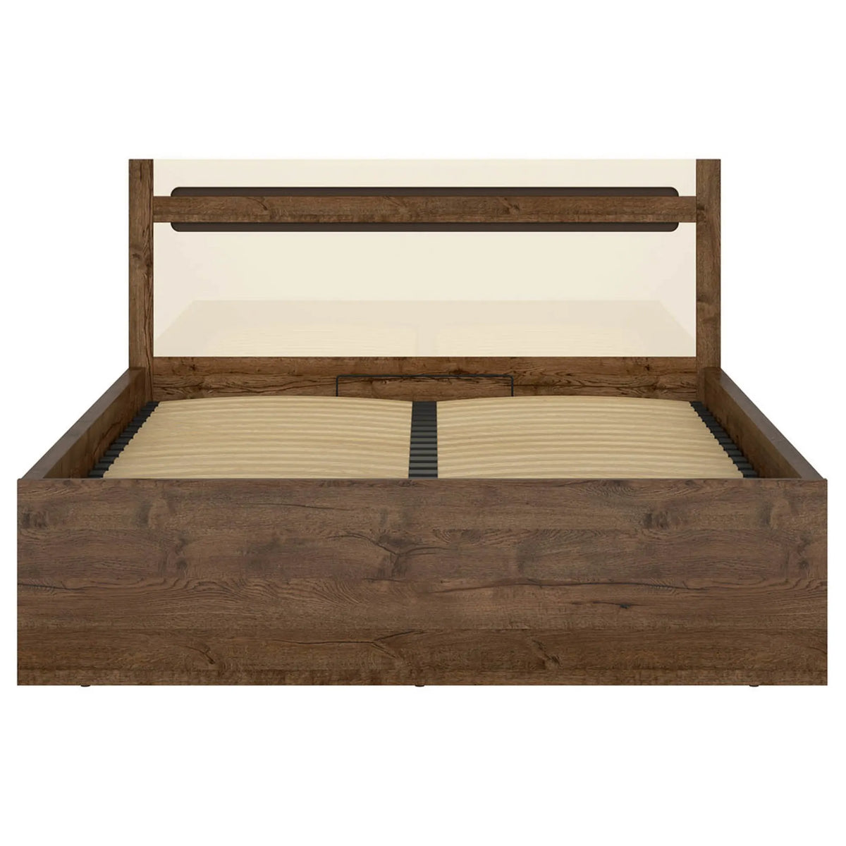 Pat RUSO 140x200, stejar/crem, PAL laminat, cu somiera si lada depozitare