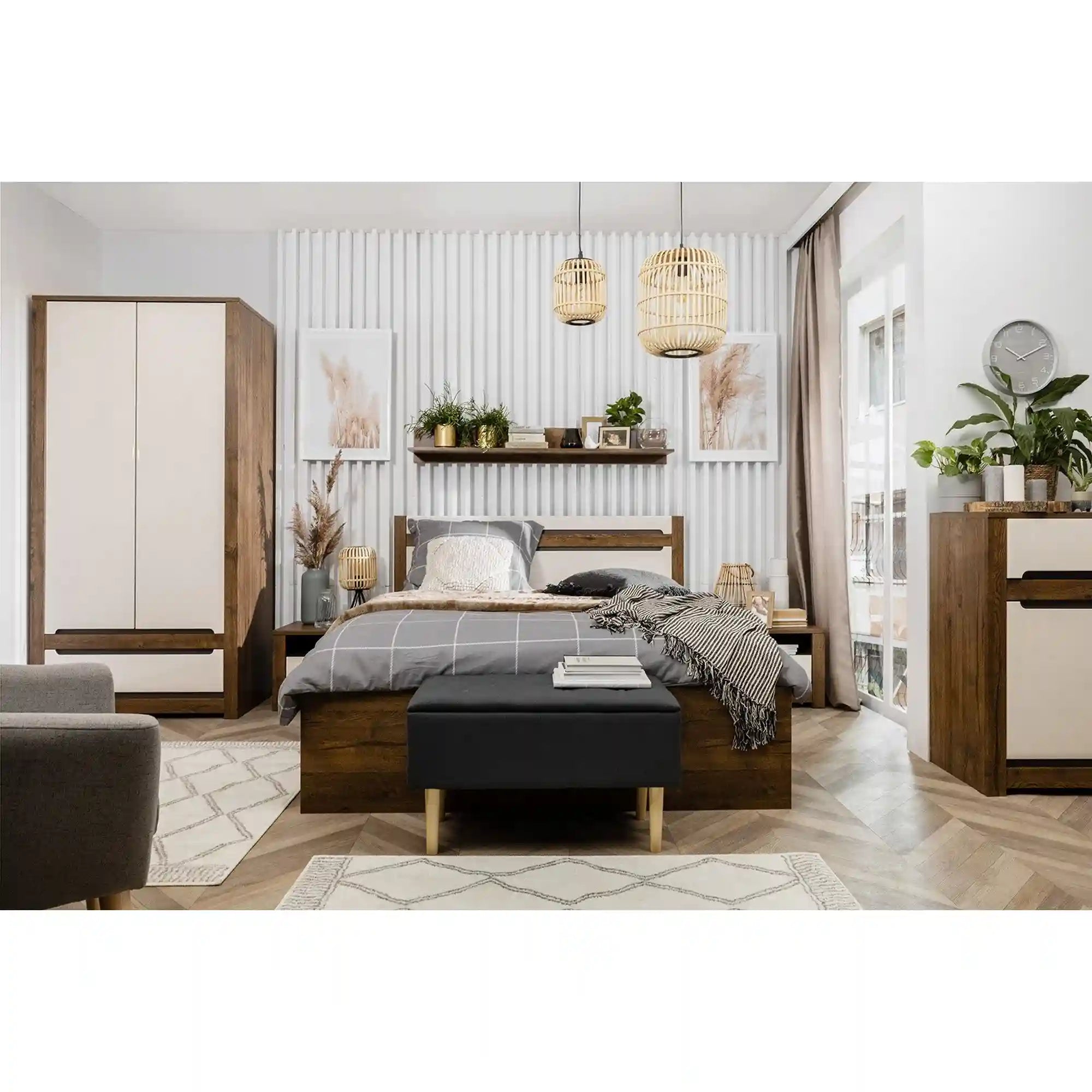 Pat RUSO 140x200, stejar/crem, PAL laminat, cu somiera si lada depozitare