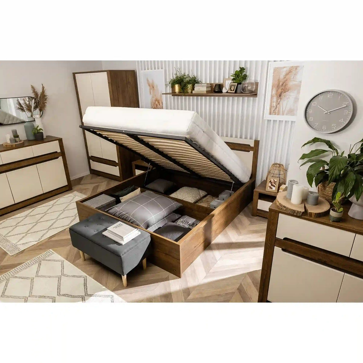 Pat RUSO 140x200, stejar/crem, PAL laminat, cu somiera si lada depozitare