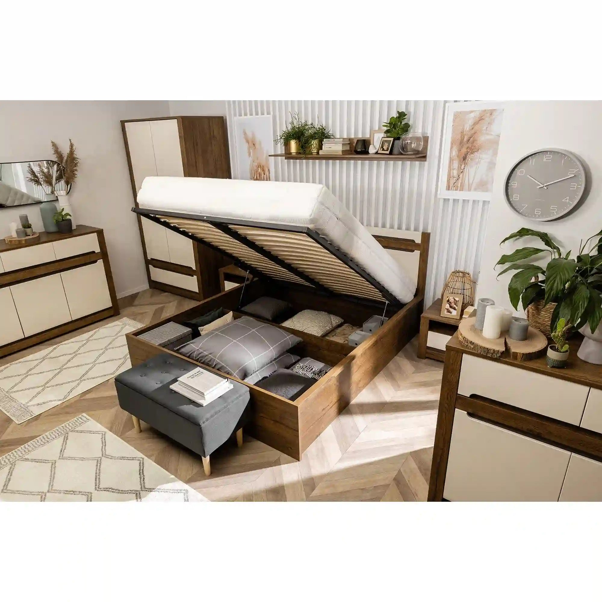 Pat RUSO 140x200, stejar/crem, PAL laminat, cu somiera si lada depozitare