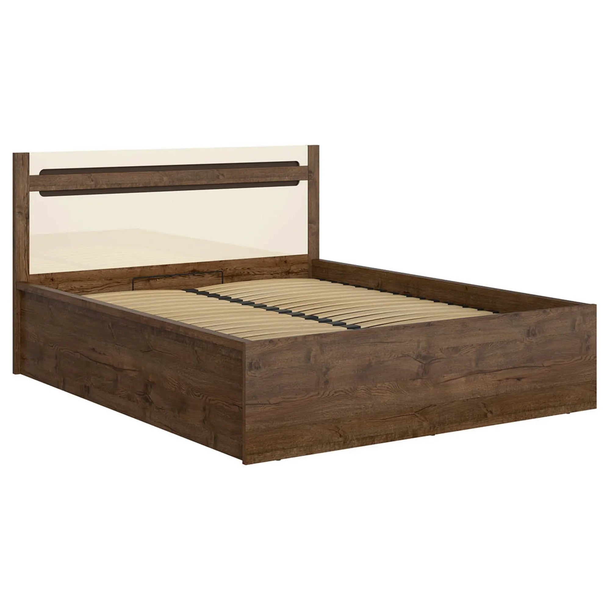 Pat RUSO 140x200, stejar/crem, PAL laminat, cu somiera si lada depozitare