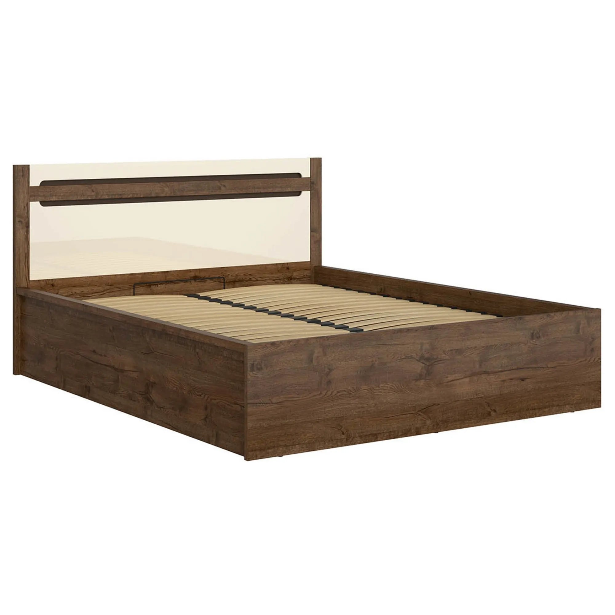 Pat RUSO 160x200, stejar/crem, PAL laminat, cu somiera si lada depozitare