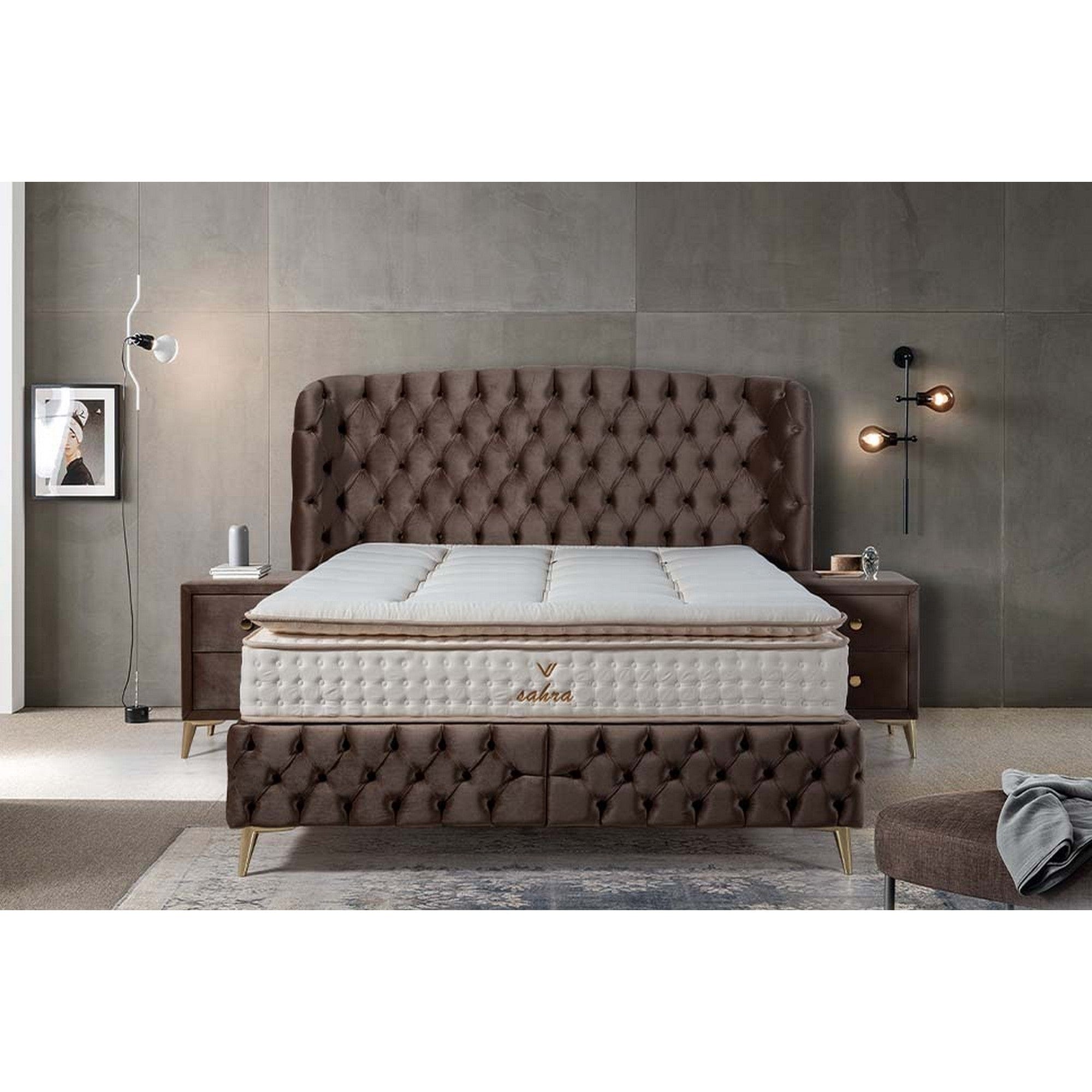 Pat SAHRA 160x200, stofa catifelata maro inchis - Luna 04, cu somiera si spatiu depozitare