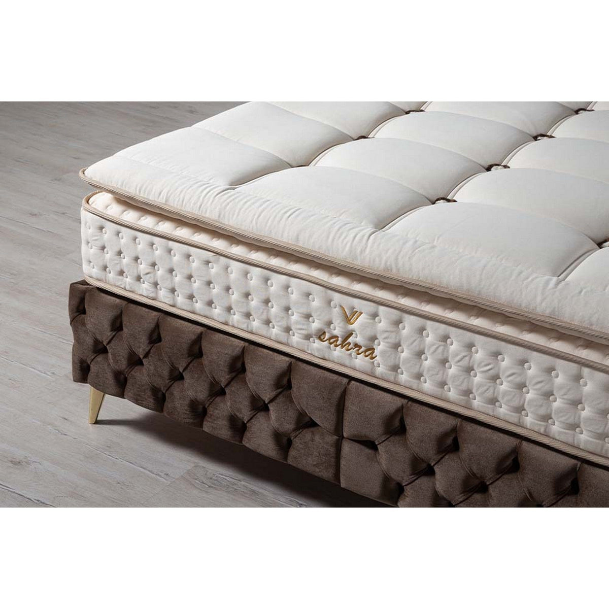 Pat SAHRA 160x200, stofa catifelata maro inchis - Luna 04, cu somiera si spatiu depozitare