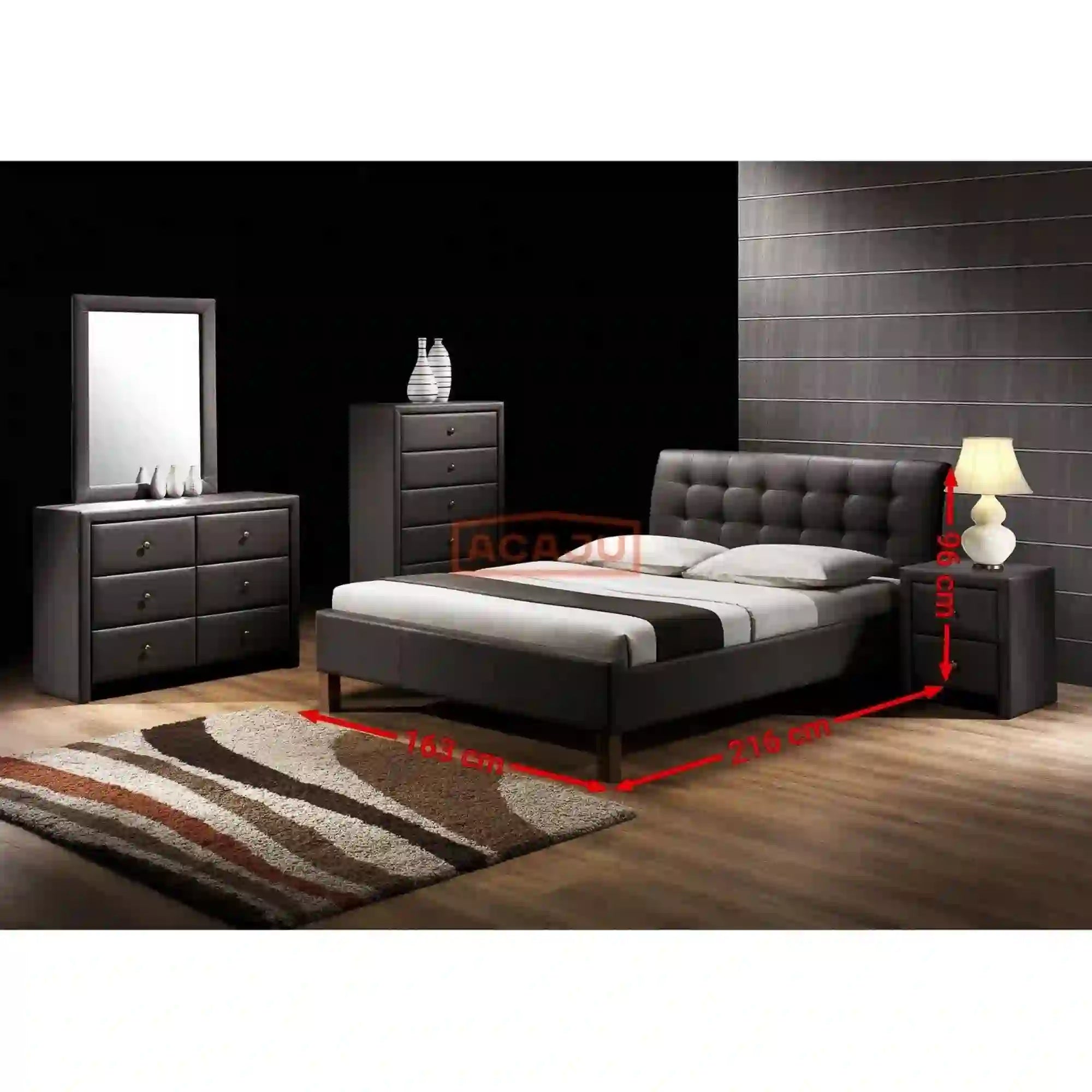 Pat SAMARA 160x200, negru, piele ecologica/lemn, cu somiera