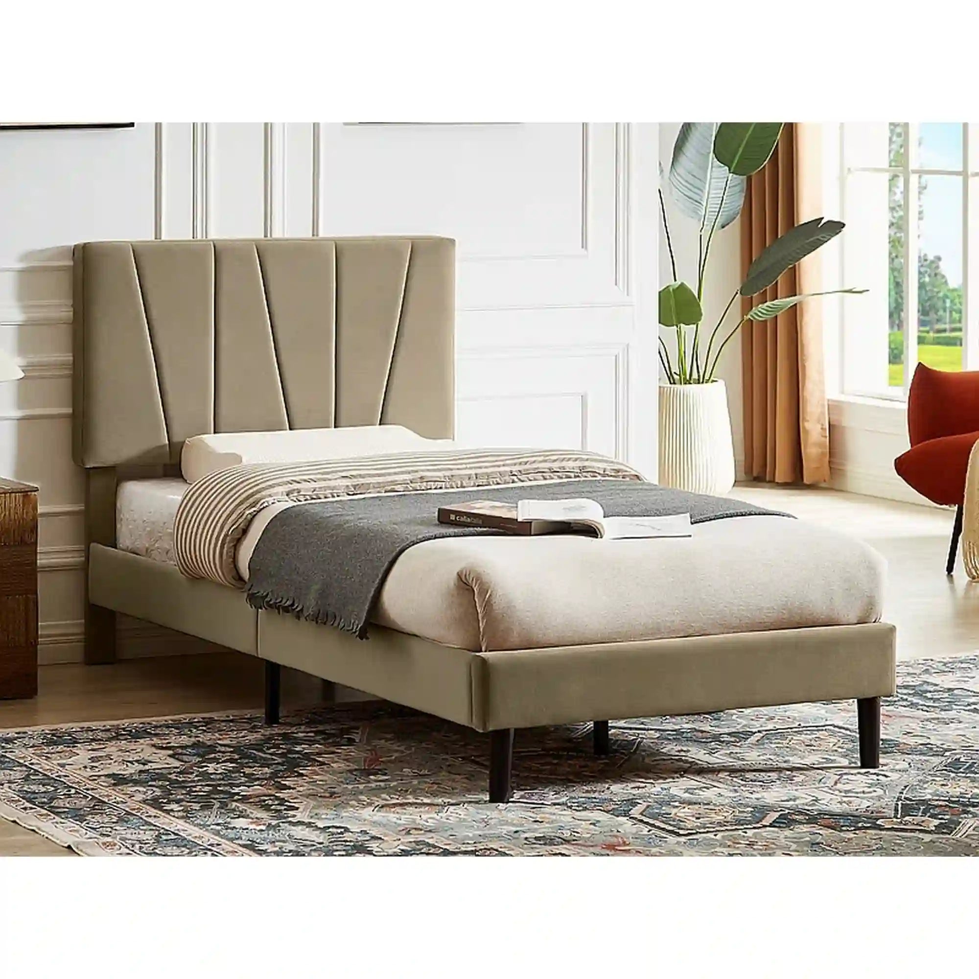 Pat SAVANA 90x200, stofa catifelata bej - Bluvel 28, somiera inclusa