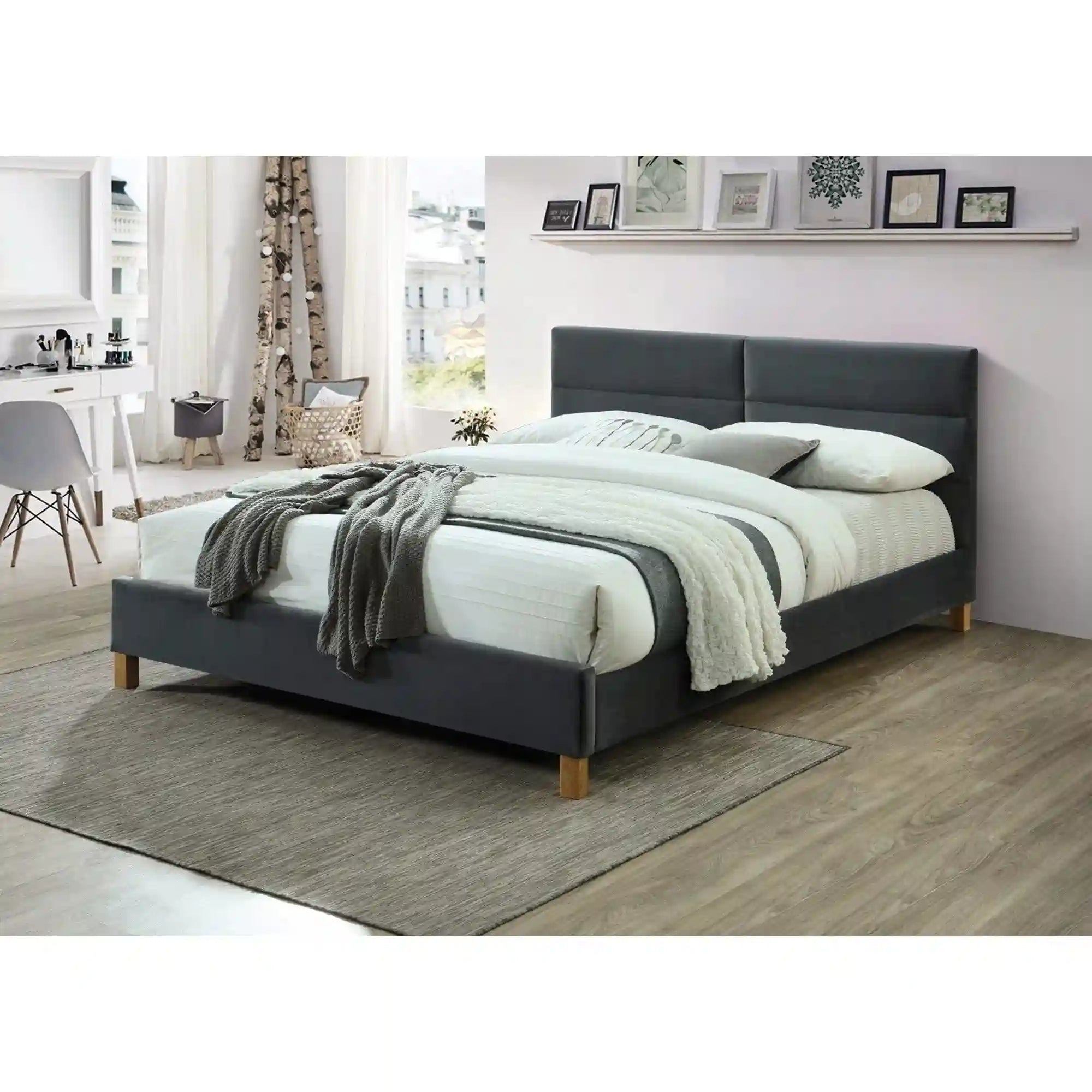 Pat SIERRA 160x200, stofa catifelata gri - Tap. 150, somiera inclusa