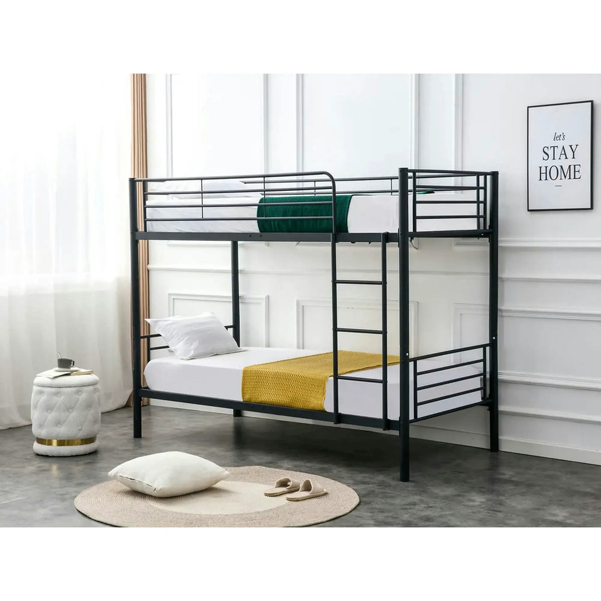 Pat supraetajat BUNKY 90x200, negru, metal, cu somiera