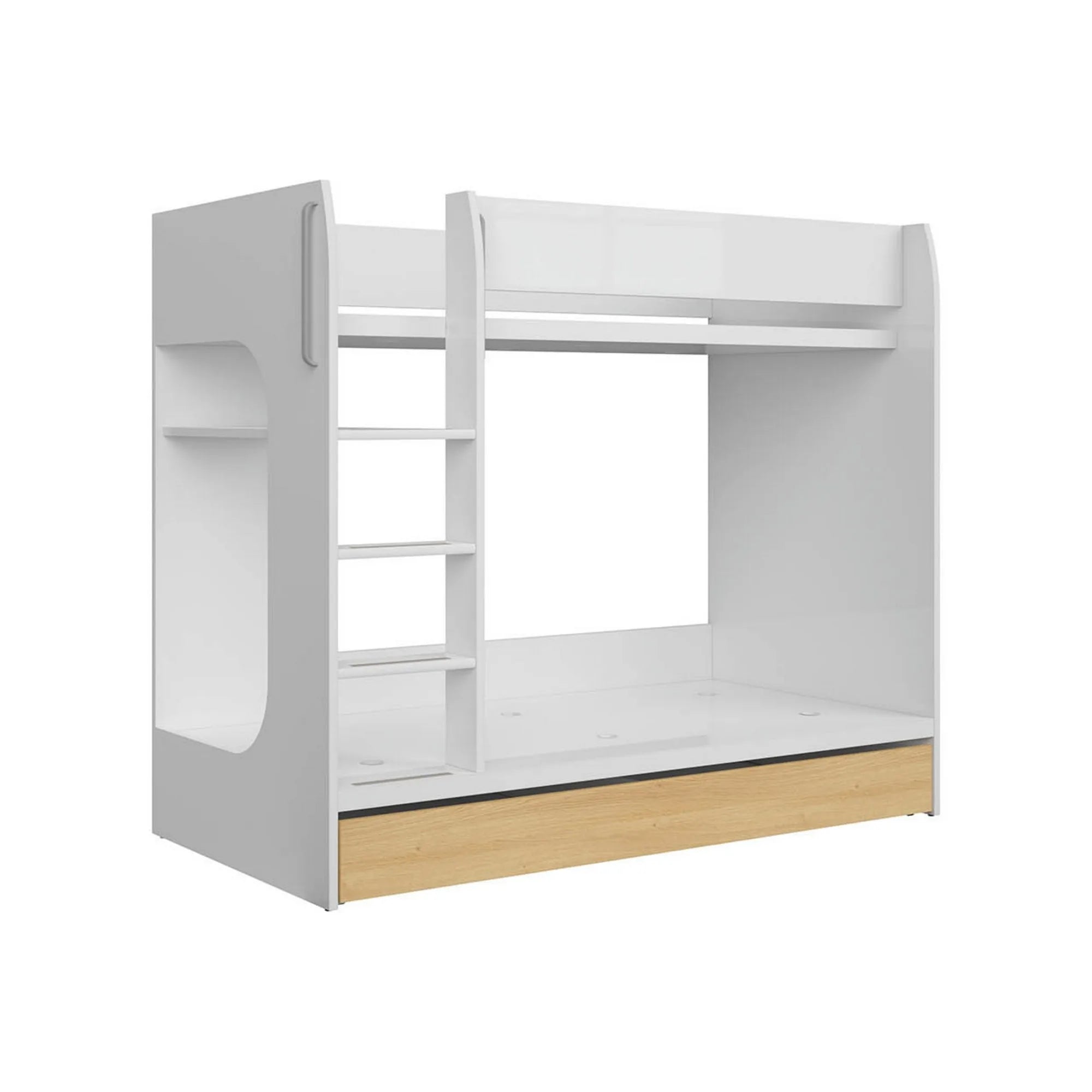 Pat supraetajat NANDU 80x180, alb lucios, cu suport saltea si sertar