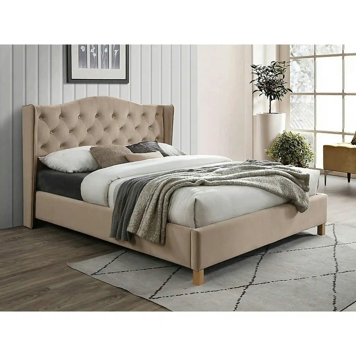 Pat tapitat 160 ASPEN, stofa catifelata bej - Bluvel 28, cu somiera