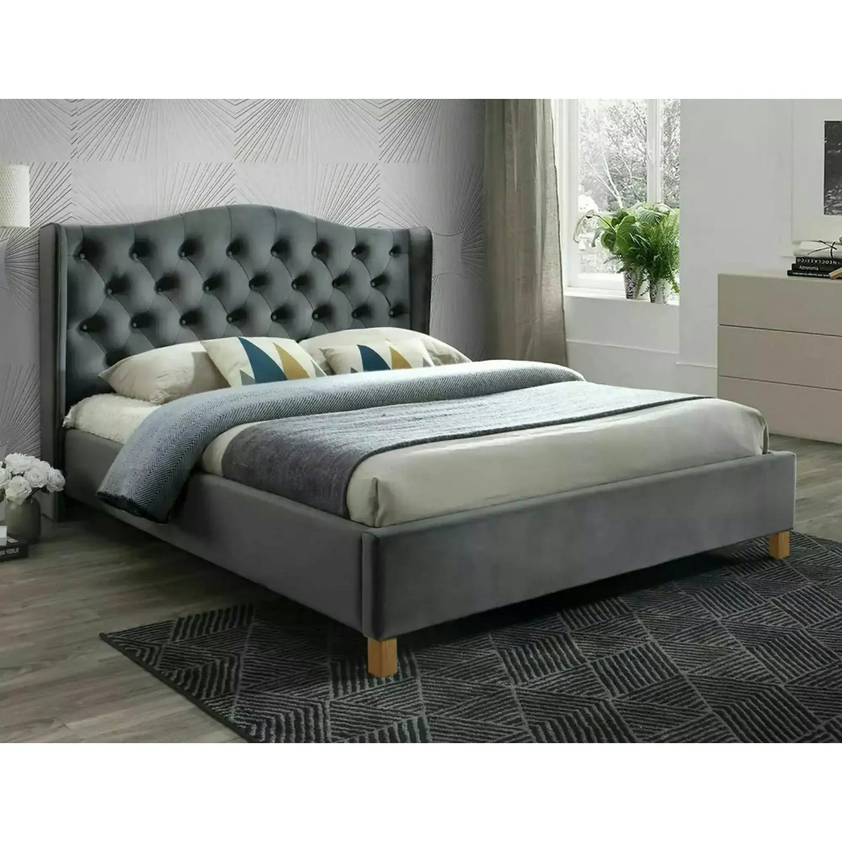 Pat tapitat 160 ASPEN, stofa catifelata gri - BLUVEL 14, cu somiera
