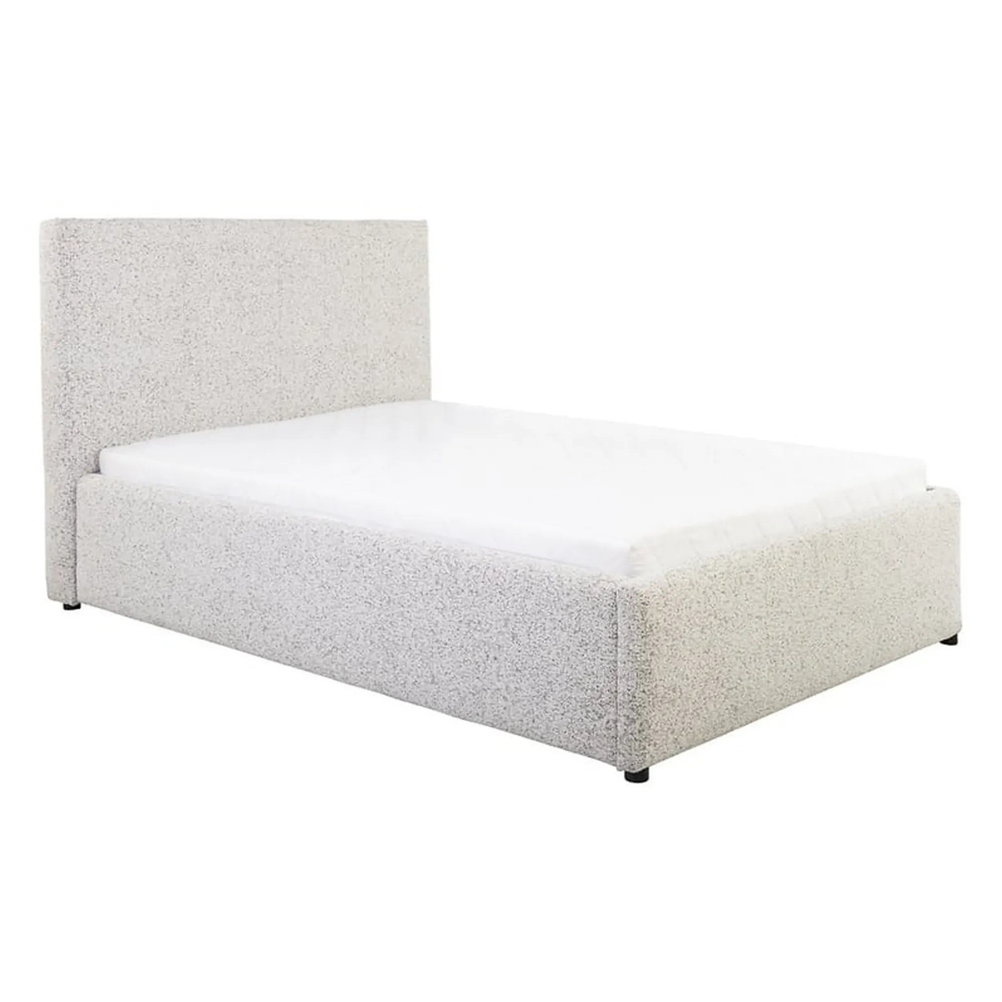 Pat tapitat TRIPO 140x200, stofa clasica bej - Puente 06, cu somiera si spatiu depozitare