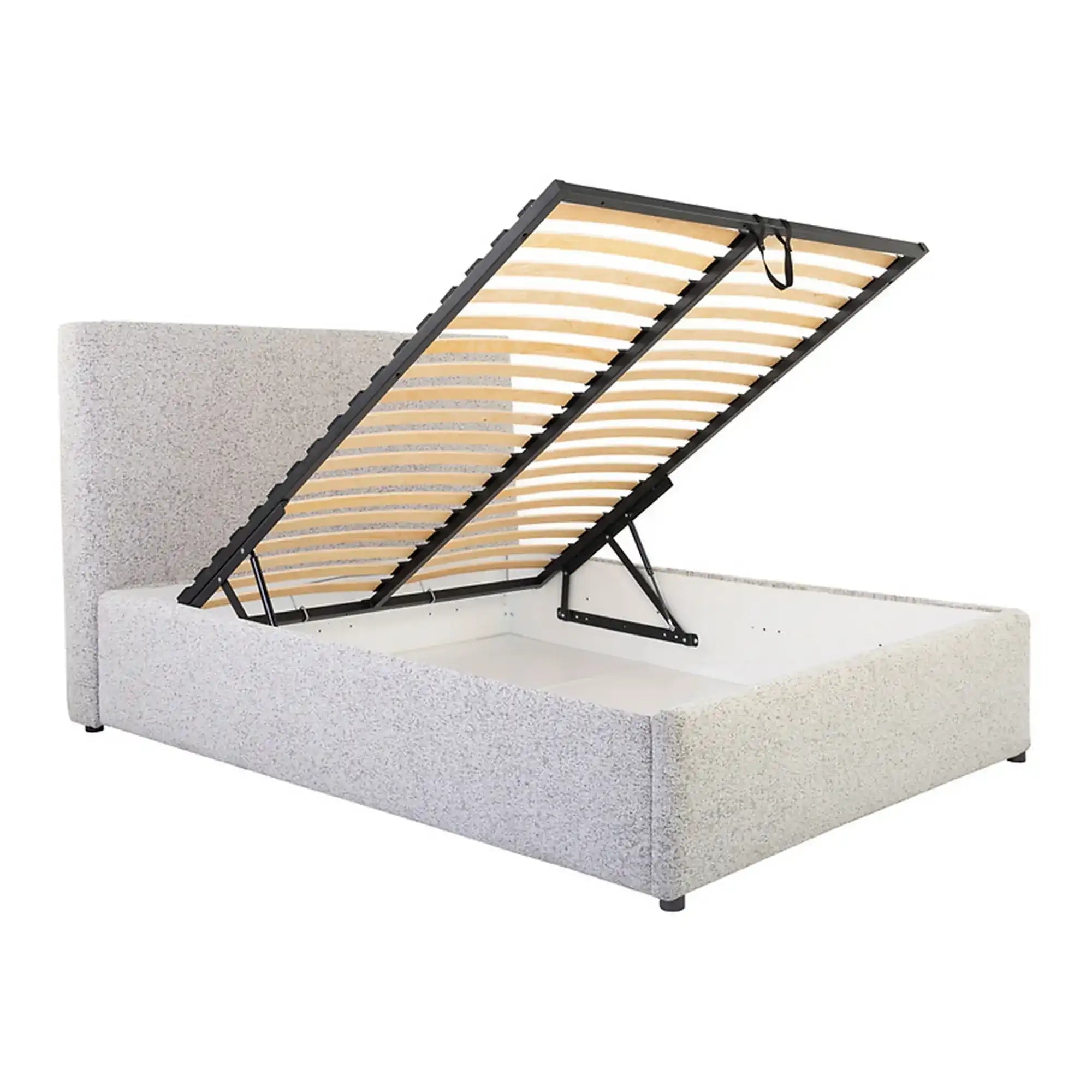 Pat tapitat TRIPO 140x200, stofa clasica bej - Puente 06, cu somiera si spatiu depozitare