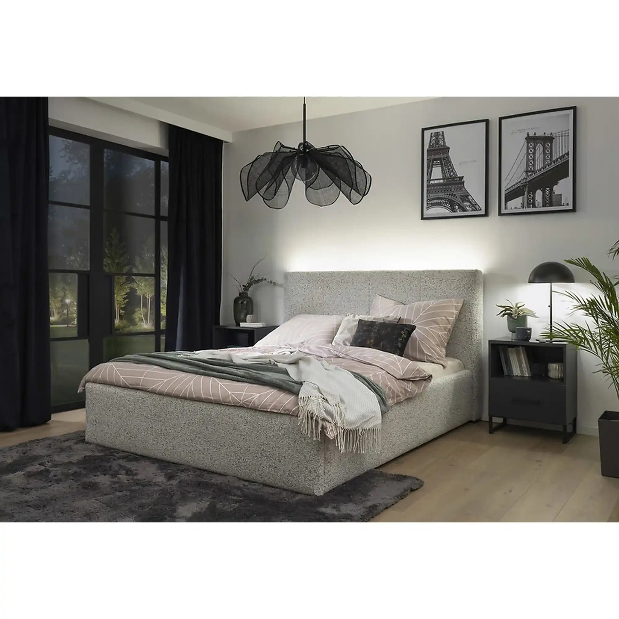 Pat tapitat TRIPO 180x200, stofa clasica bej - Puente 06, cu somiera si spatiu depozitare