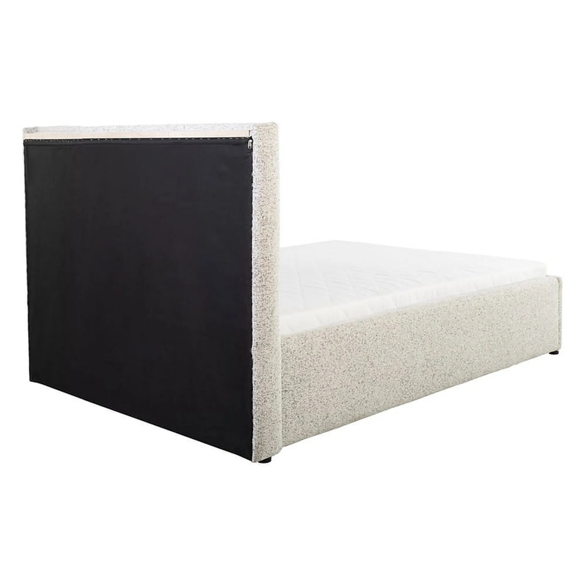 Pat tapitat TRIPO 180x200, stofa clasica bej - Puente 06, cu somiera si spatiu depozitare