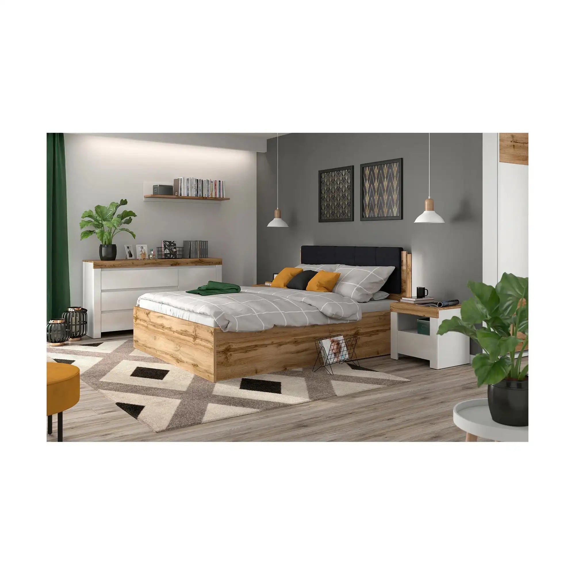 Pat TETRIX 140x200, stejar wotan, PAL, cu somiera si spatiu depozitare