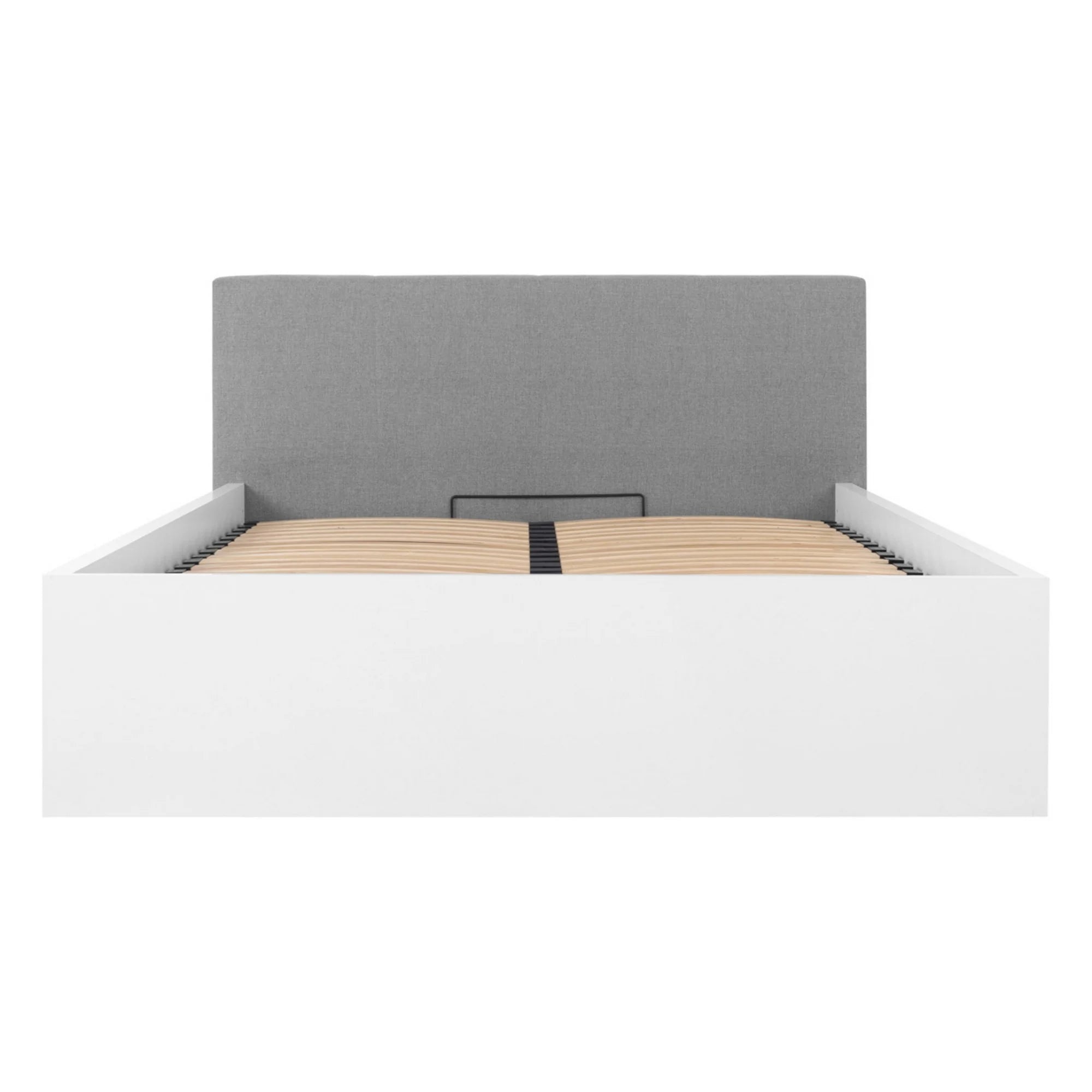 Pat TETRIX 160x200, alb lucios/gri, PAL/stofa, cu somiera si spatiu depozitare