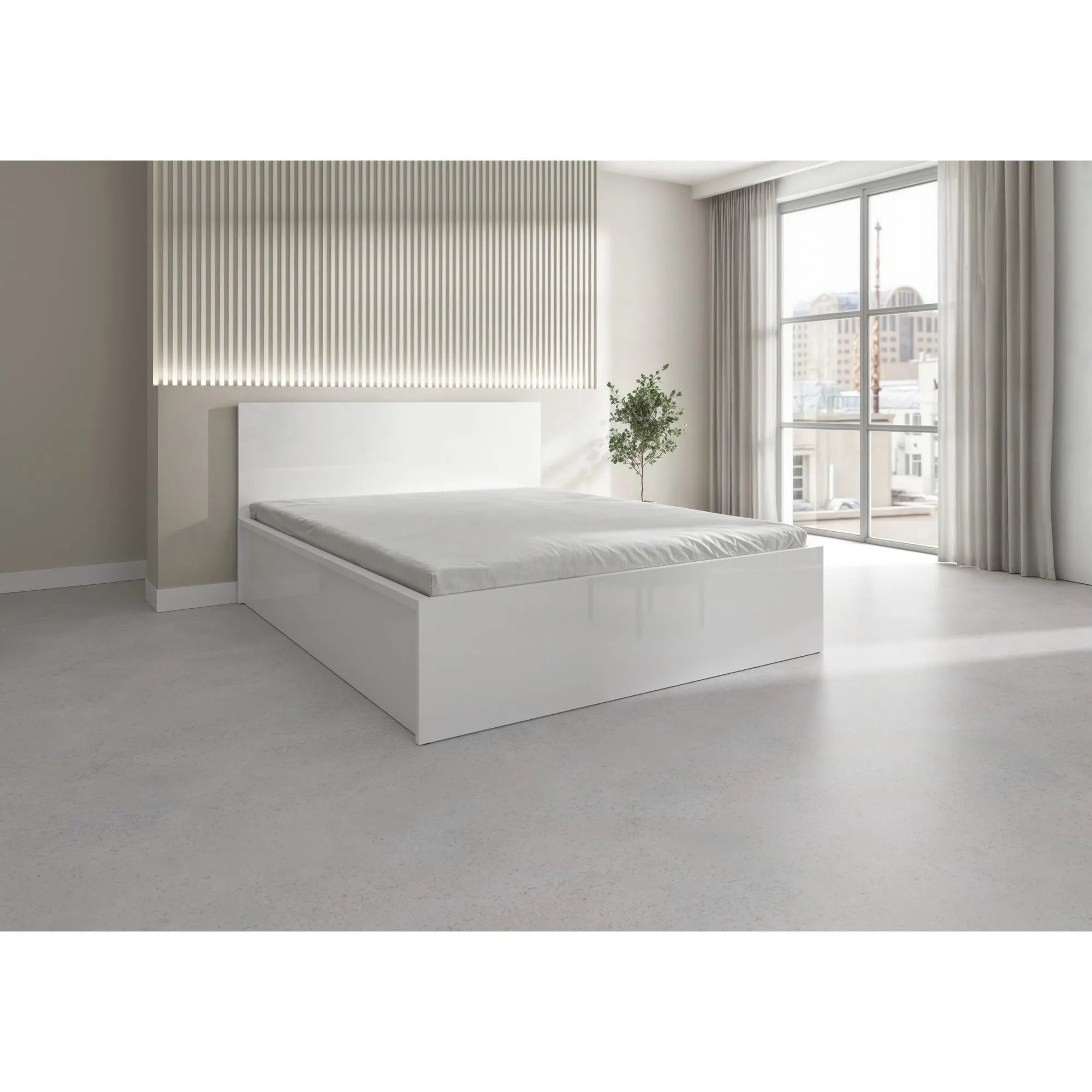 Pat TETRIX 160x200, alb lucios, PAL, cu somiera si spatiu depozitare