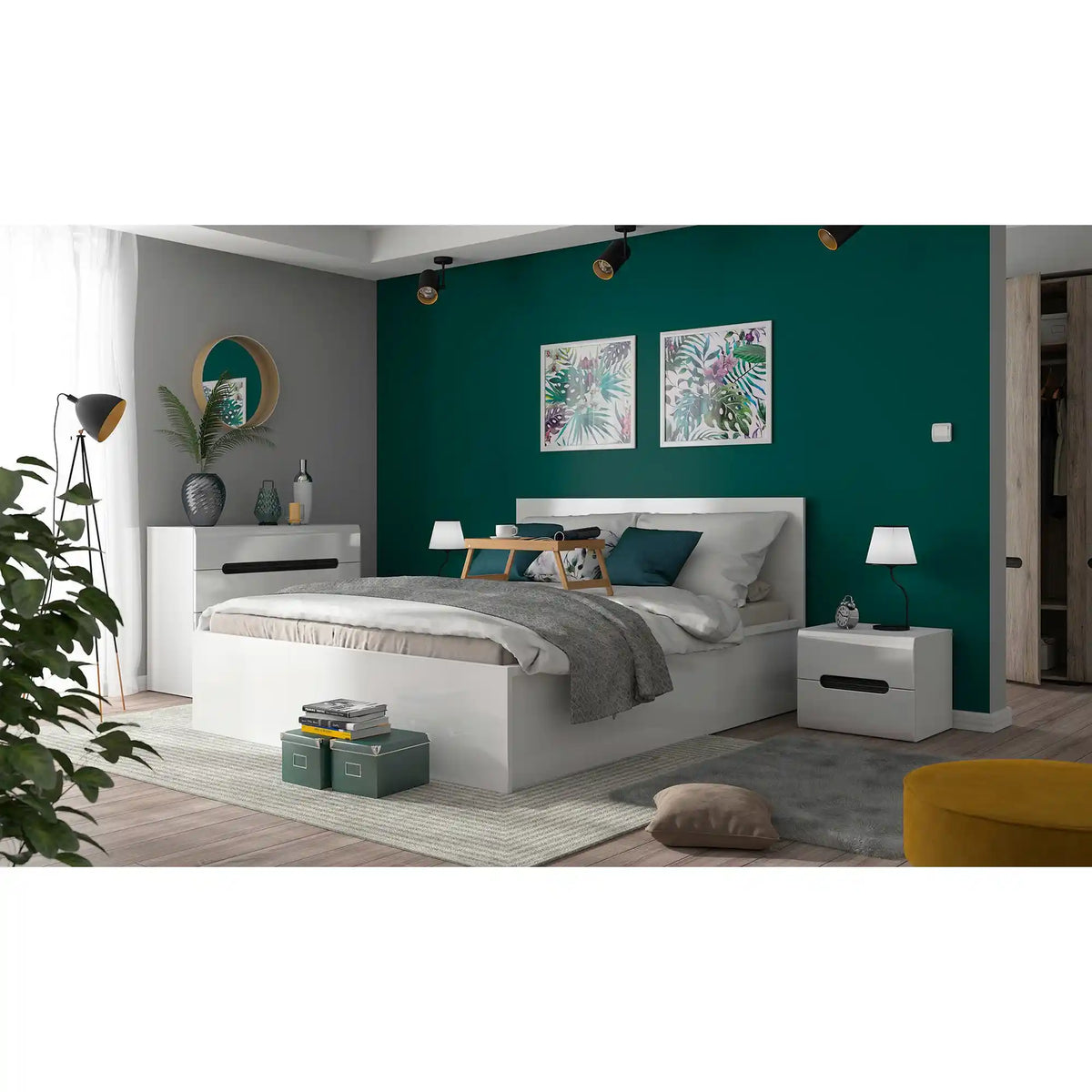 Pat TETRIX 160x200, alb lucios, PAL, cu somiera si spatiu depozitare