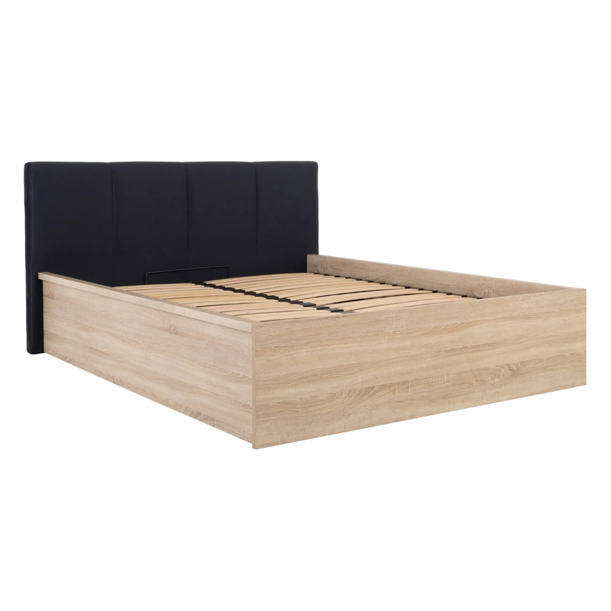 Pat TETRIX 160x200, stejar sonoma/negru, PAL/stofa, cu somiera si spatiu depozitare