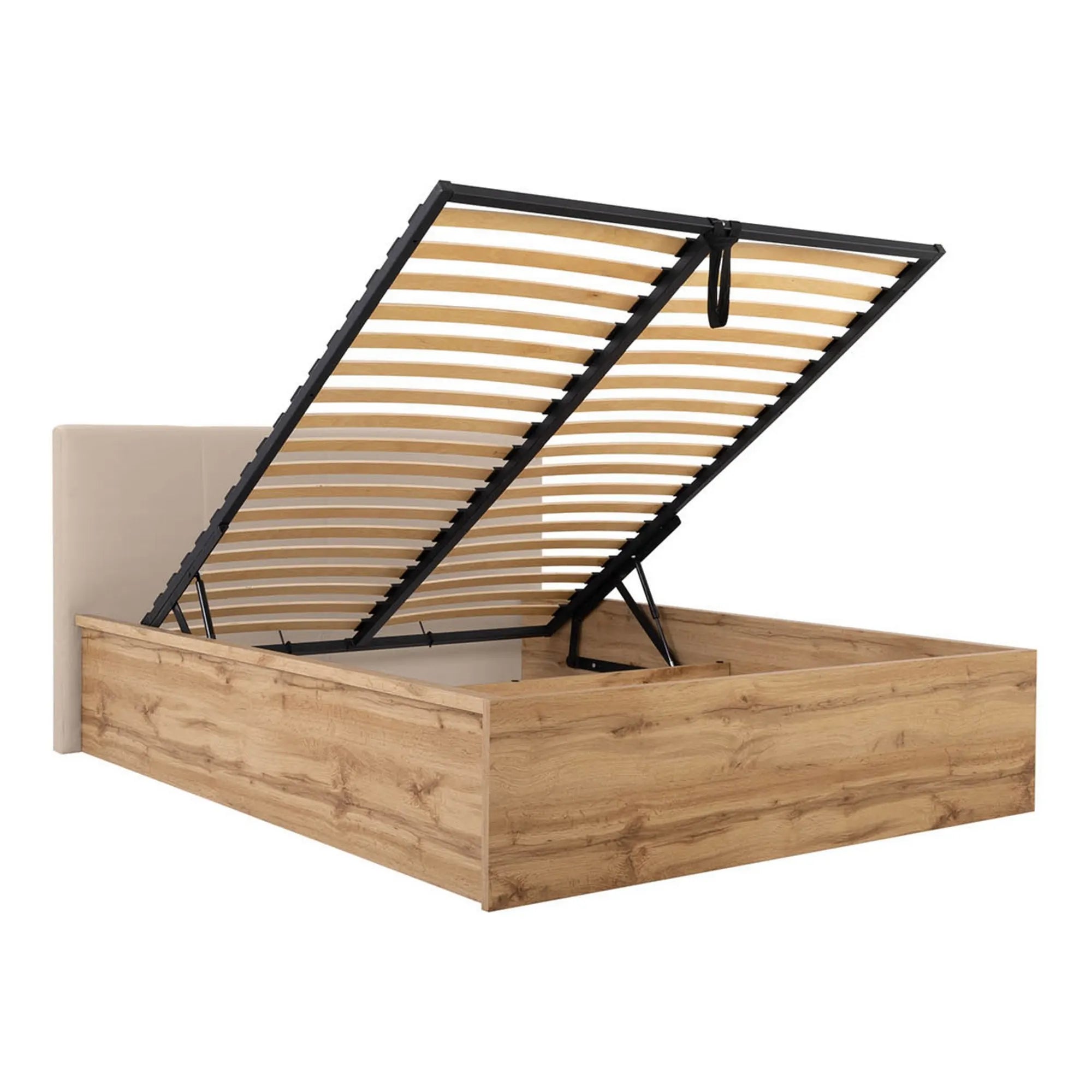 Pat TETRIX 160x200, stejar wotan/bej, PAL/stofa catifelata, cu somiera si spatiu depozitare