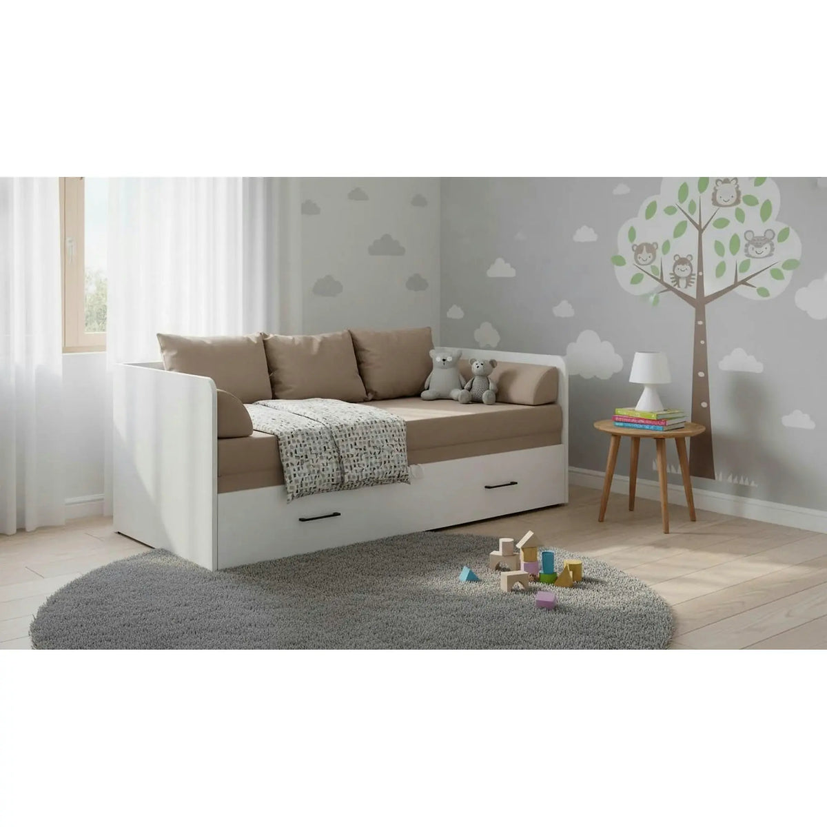Pat TETRIX 80/160x200, alb/bej, PAL/stofa, cu saltea extensibila si spatiu depozitare
