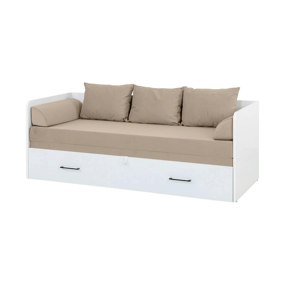 Pat TETRIX 80/160x200, alb/bej, PAL/stofa, cu saltea extensibila si spatiu depozitare